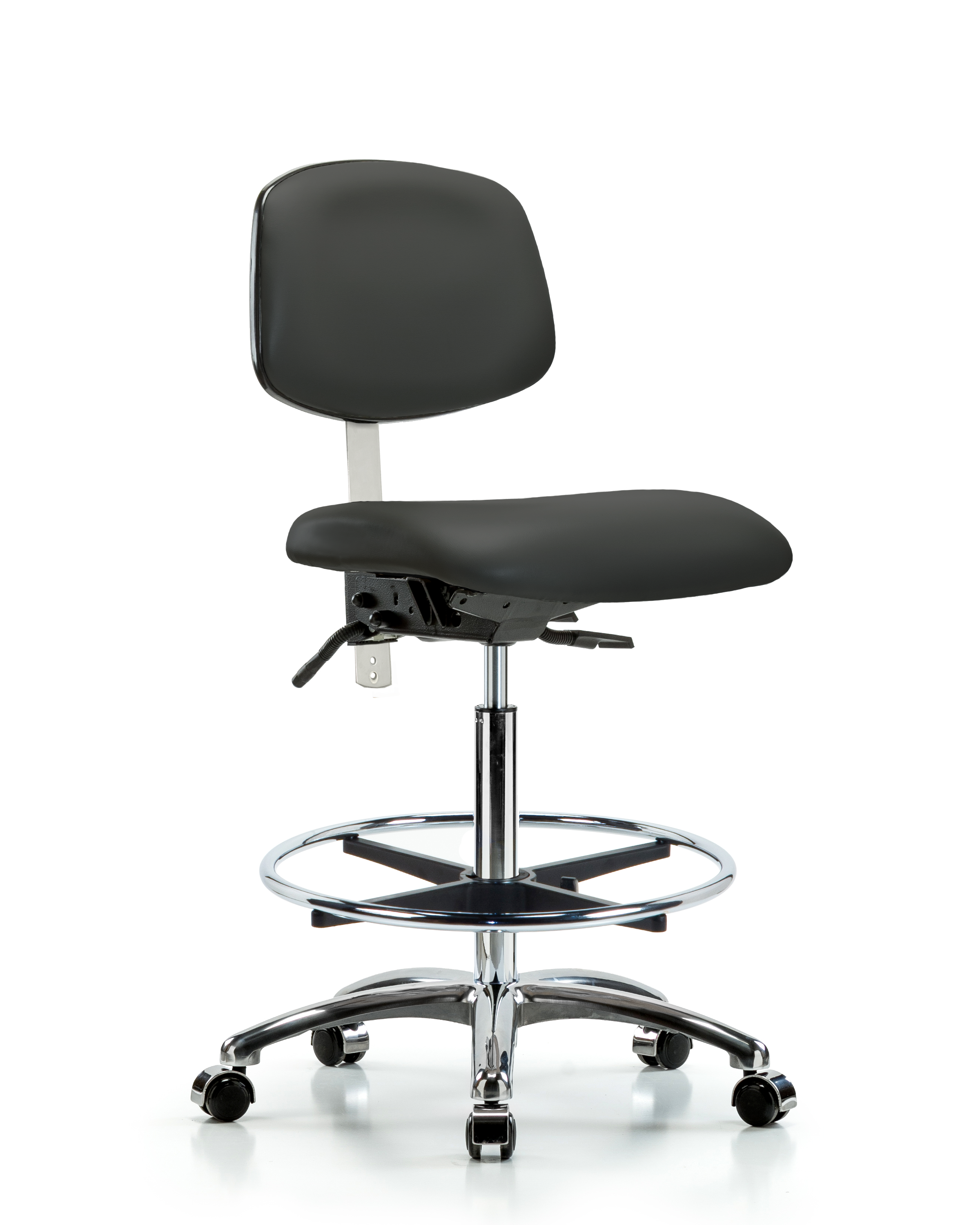 Class 100 Vinyl Clean Room Chair - High Bench Height with Seat Tilt, Chrome Foot Ring, & Casters in Charcoal Trailblazer Vinyl