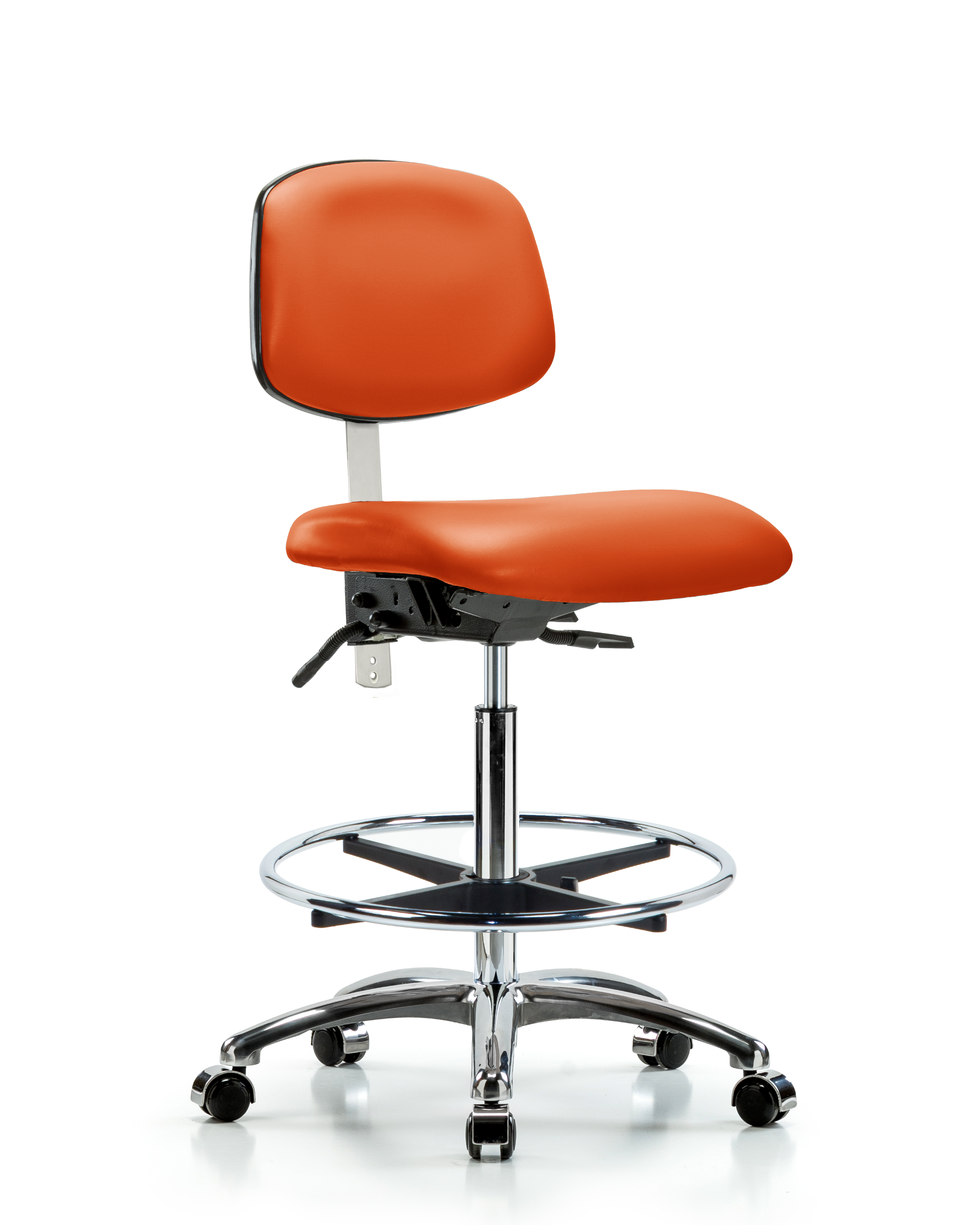 Class 100 Vinyl Clean Room Chair - High Bench Height with Seat Tilt, Chrome Foot Ring, & Casters in Orange Kist Trailblazer Vinyl