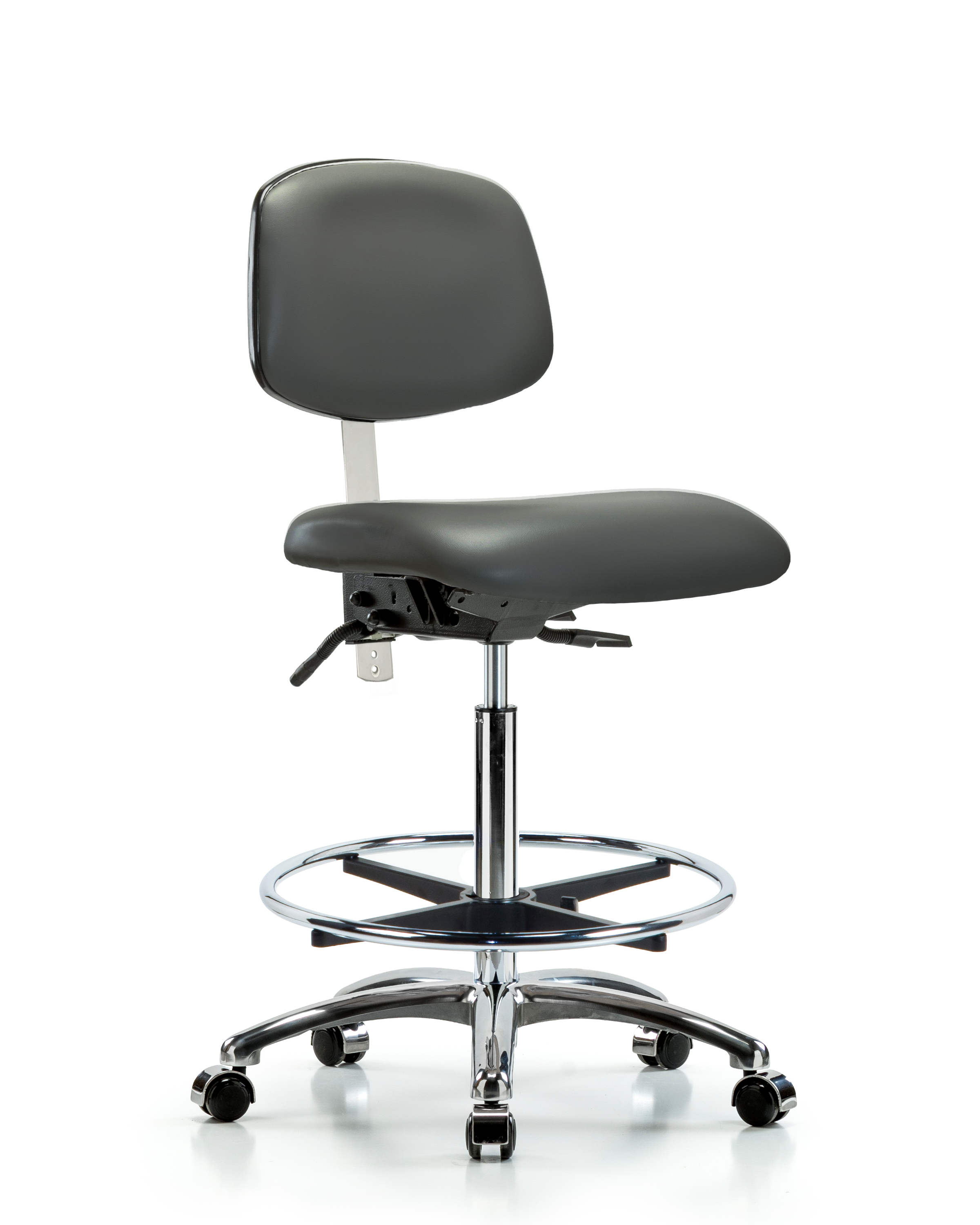 Class 100 Vinyl Clean Room Chair - High Bench Height with Seat Tilt, Chrome Foot Ring, & Casters in Carbon Supernova Vinyl