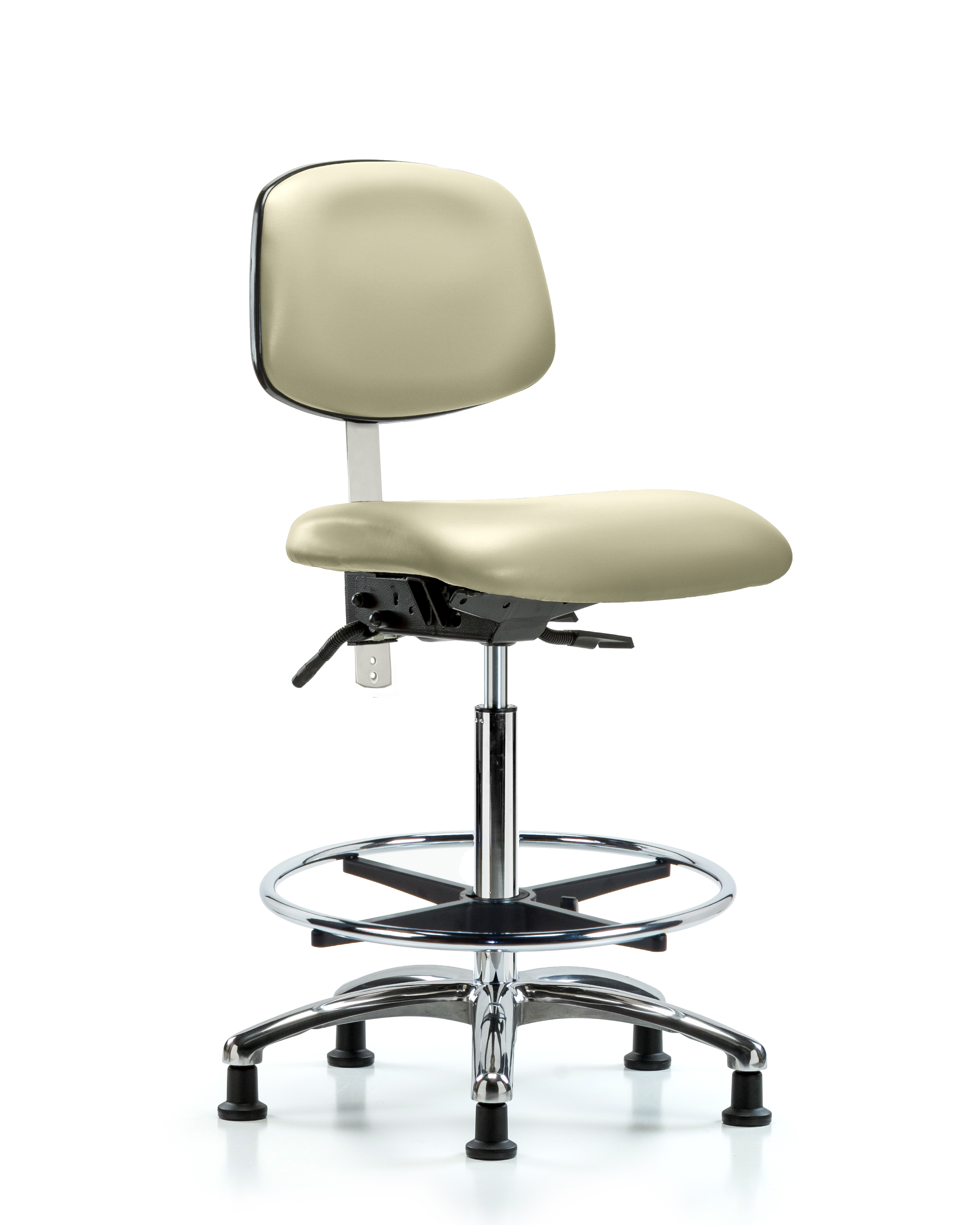 Class 100 Vinyl Clean Room Chair - High Bench Height with Seat Tilt, Chrome Foot Ring, & Stationary Glides in Adobe White Trailblazer Vinyl