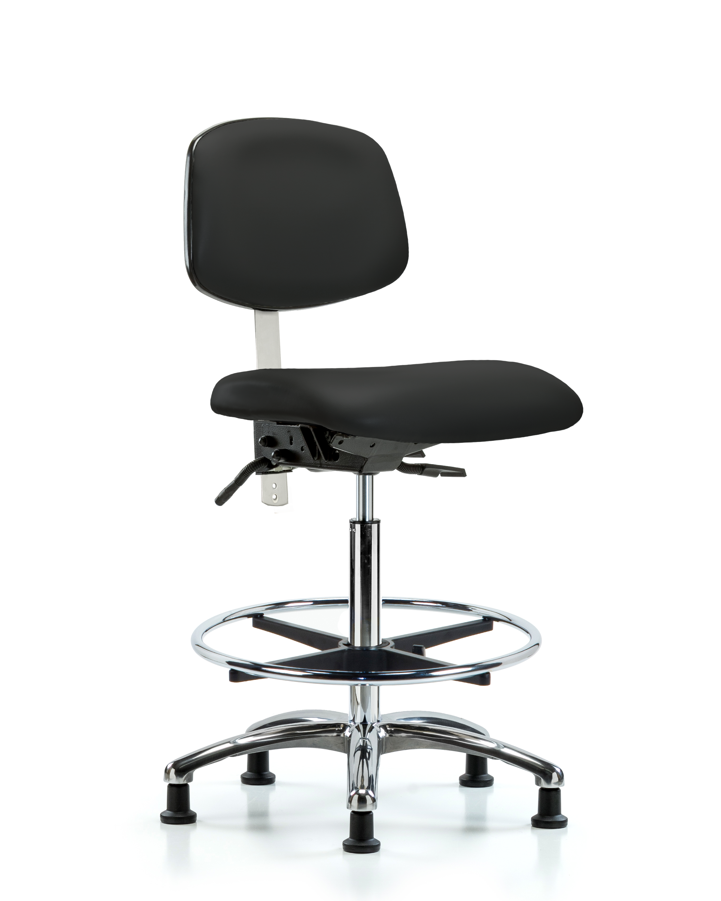 Class 100 Vinyl Clean Room Chair - High Bench Height with Seat Tilt, Chrome Foot Ring, & Stationary Glides in Black Trailblazer Vinyl