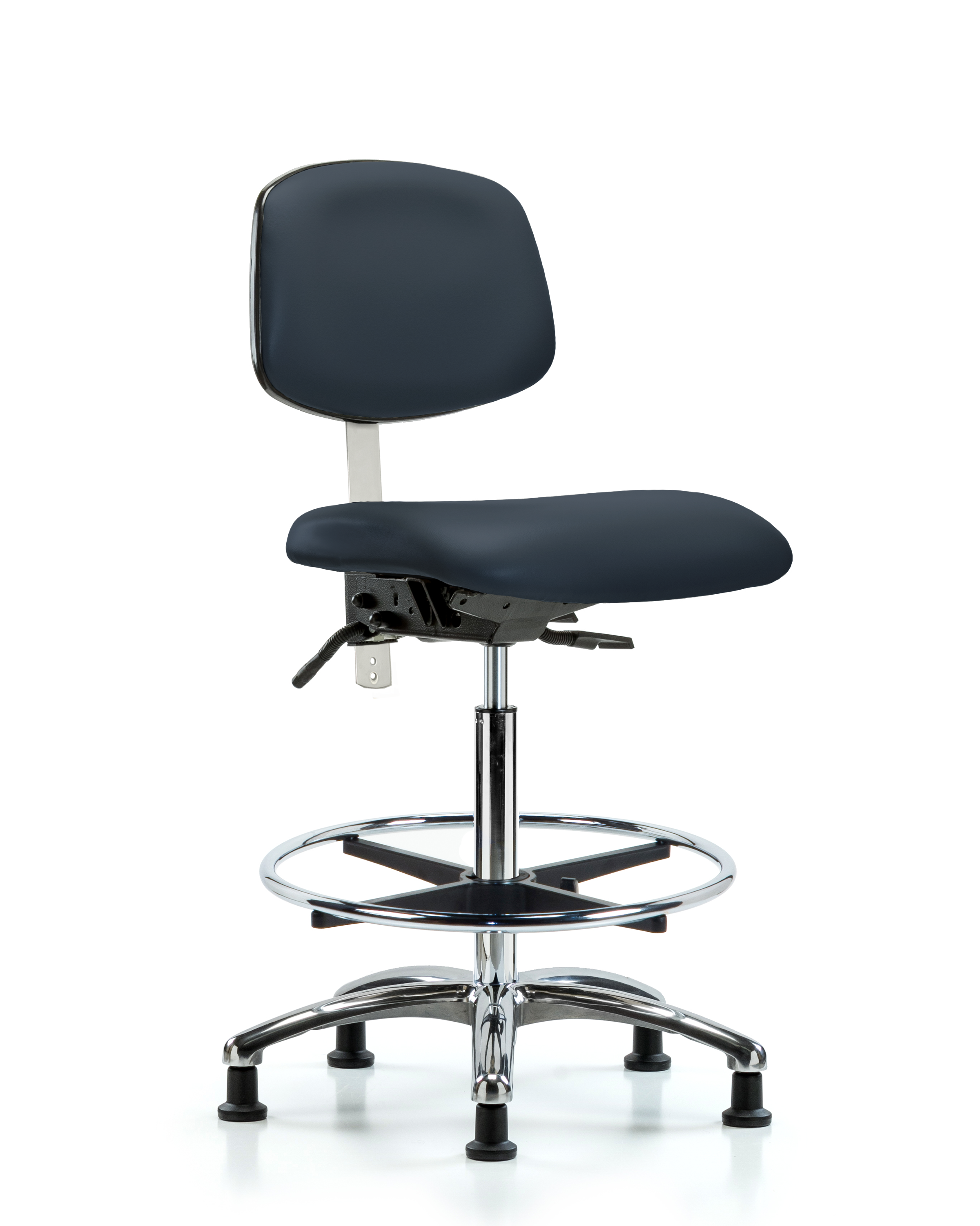 Class 100 Vinyl Clean Room Chair - High Bench Height with Seat Tilt, Chrome Foot Ring, & Stationary Glides in Imperial Blue Trailblazer Vinyl