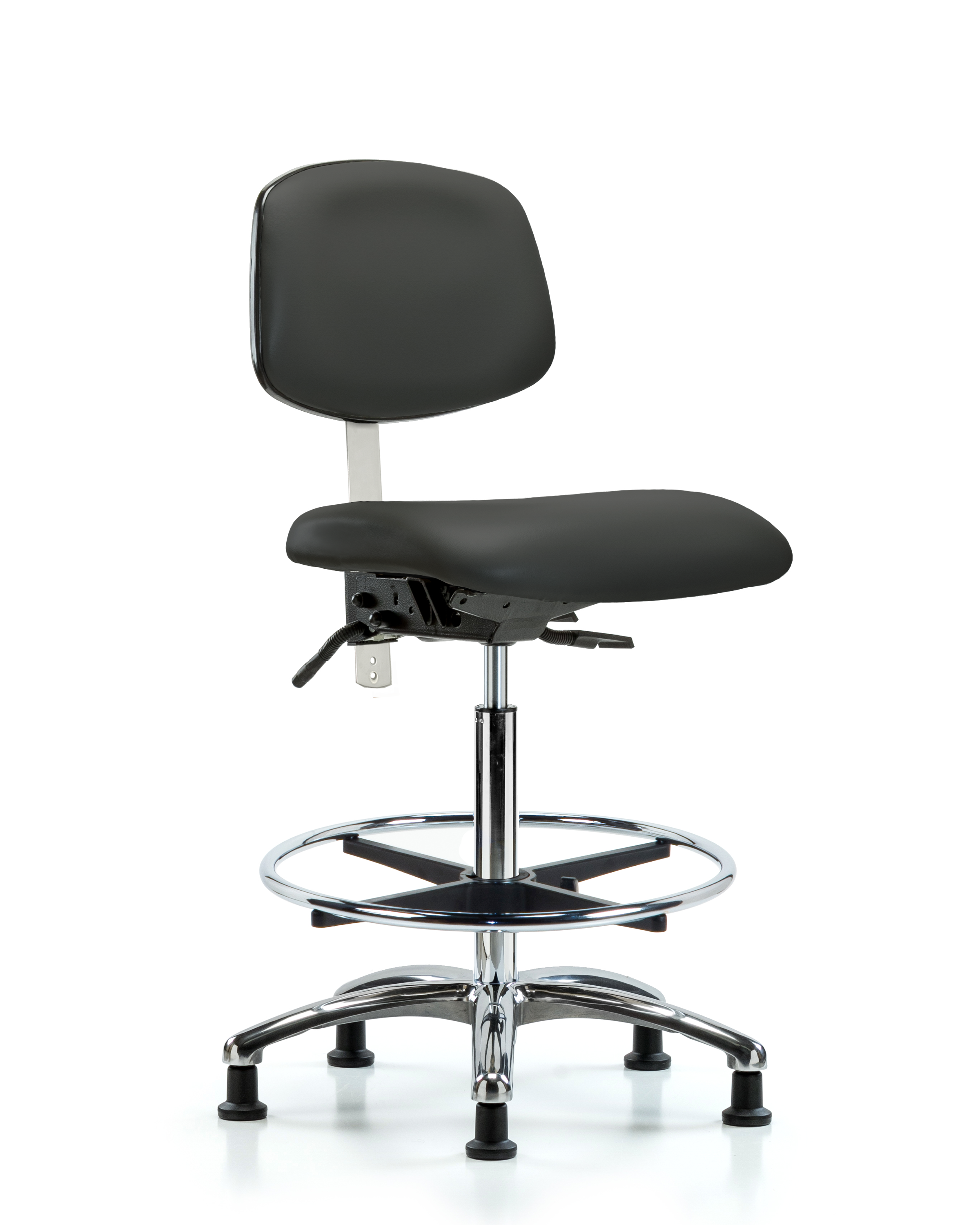Class 100 Vinyl Clean Room Chair - High Bench Height with Seat Tilt, Chrome Foot Ring, & Stationary Glides in Charcoal Trailblazer Vinyl