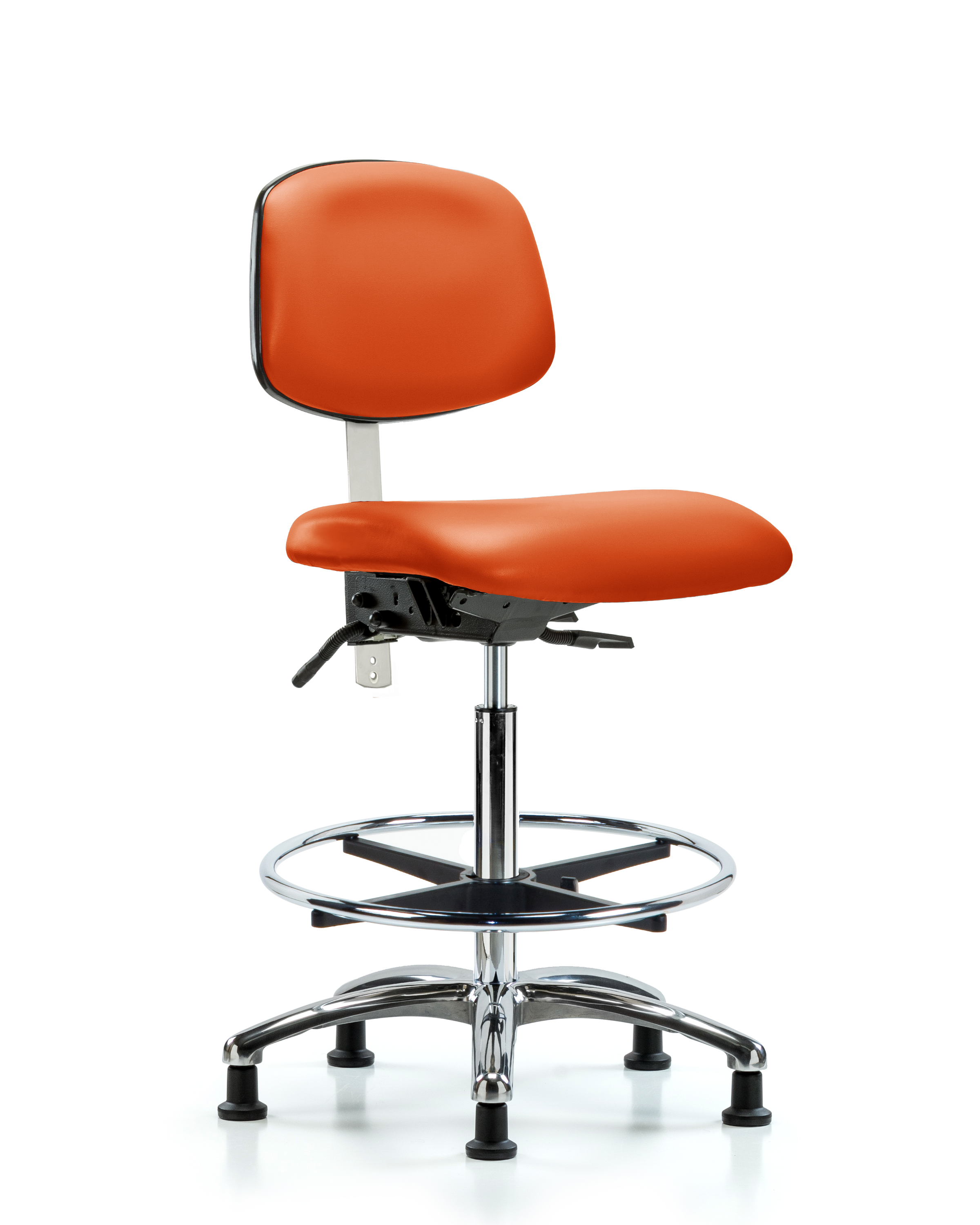 Class 100 Vinyl Clean Room Chair - High Bench Height with Seat Tilt, Chrome Foot Ring, & Stationary Glides in Orange Kist Trailblazer Vinyl