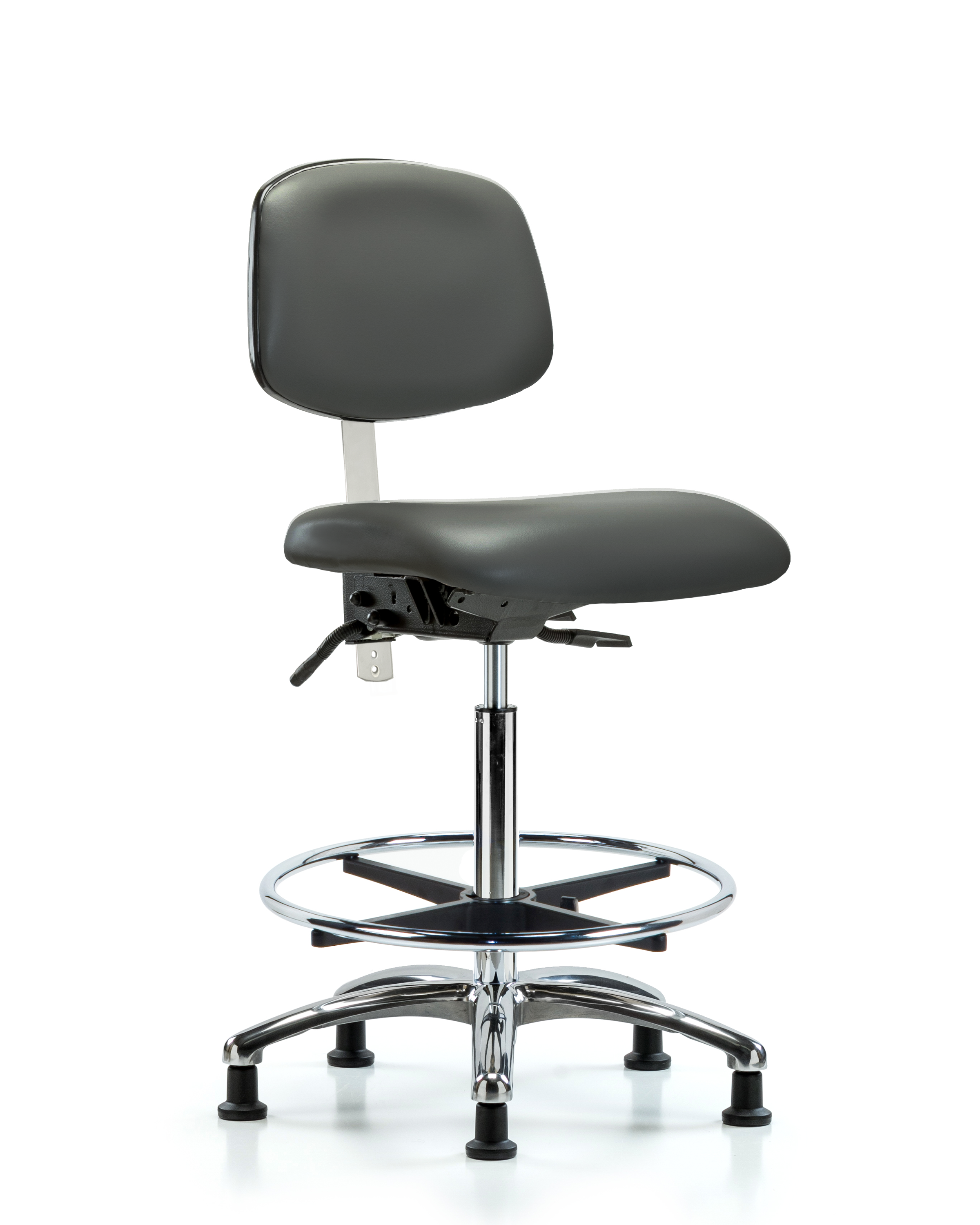 Class 100 Vinyl Clean Room Chair - High Bench Height with Seat Tilt, Chrome Foot Ring, & Stationary Glides in Carbon Supernova Vinyl