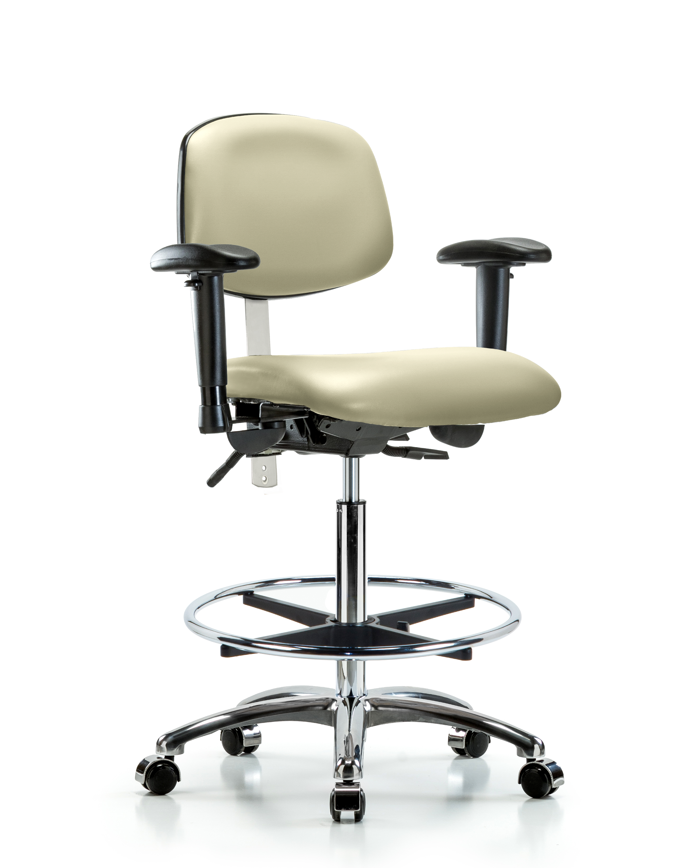 Class 100 Vinyl Clean Room Chair - High Bench Height with Seat Tilt, Adjustable Arms, Chrome Foot Ring, & Casters in Adobe White Trailblazer Vinyl