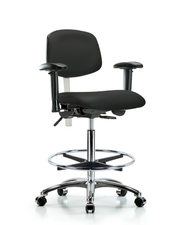 Class 100 Vinyl Clean Room Chair - High Bench Height with Seat Tilt, Adjustable Arms, Chrome Foot Ring, & Casters in Black Trailblazer Vinyl