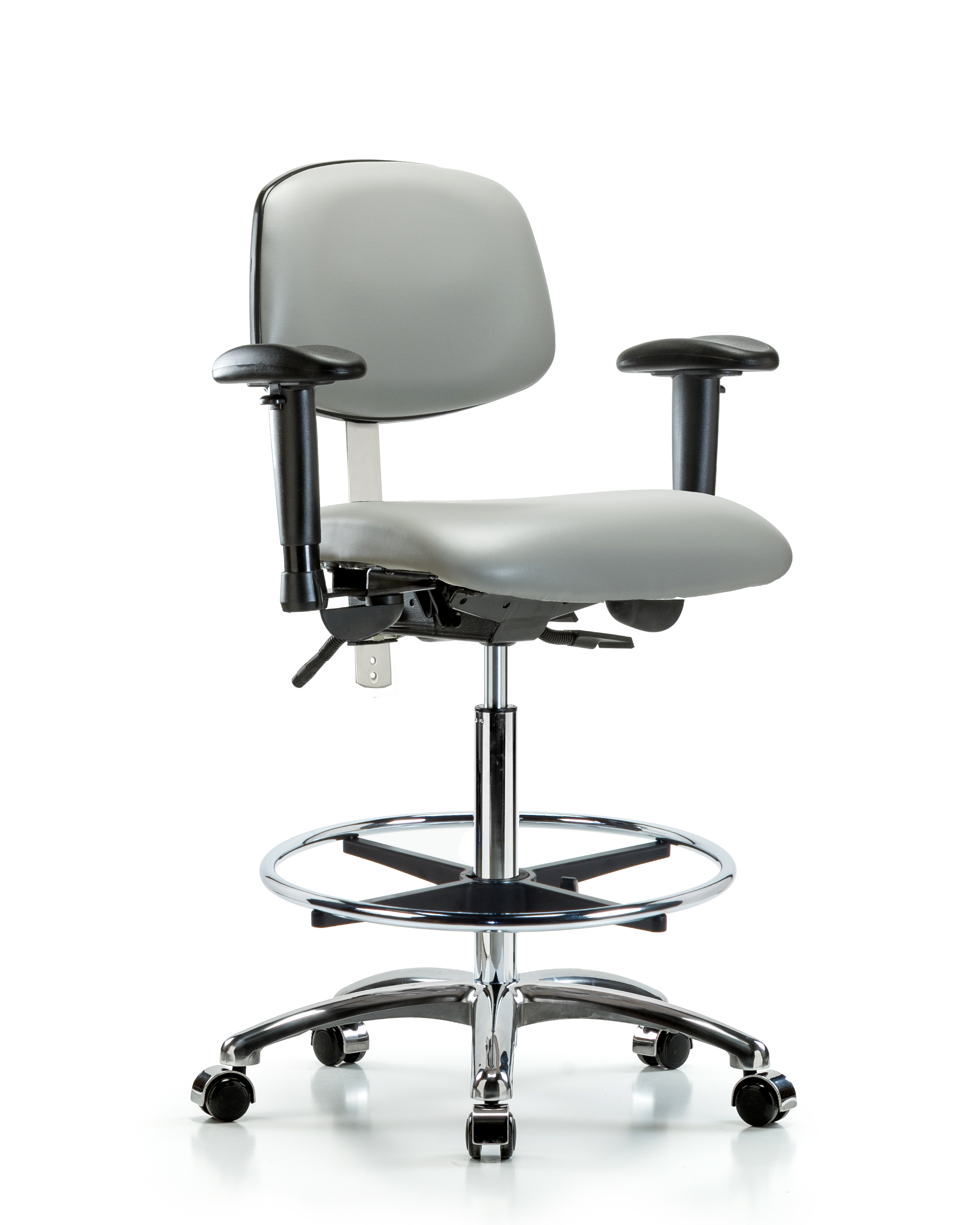Class 100 Vinyl Clean Room Chair - High Bench Height with Seat Tilt, Adjustable Arms, Chrome Foot Ring, & Casters in Dove Trailblazer Vinyl