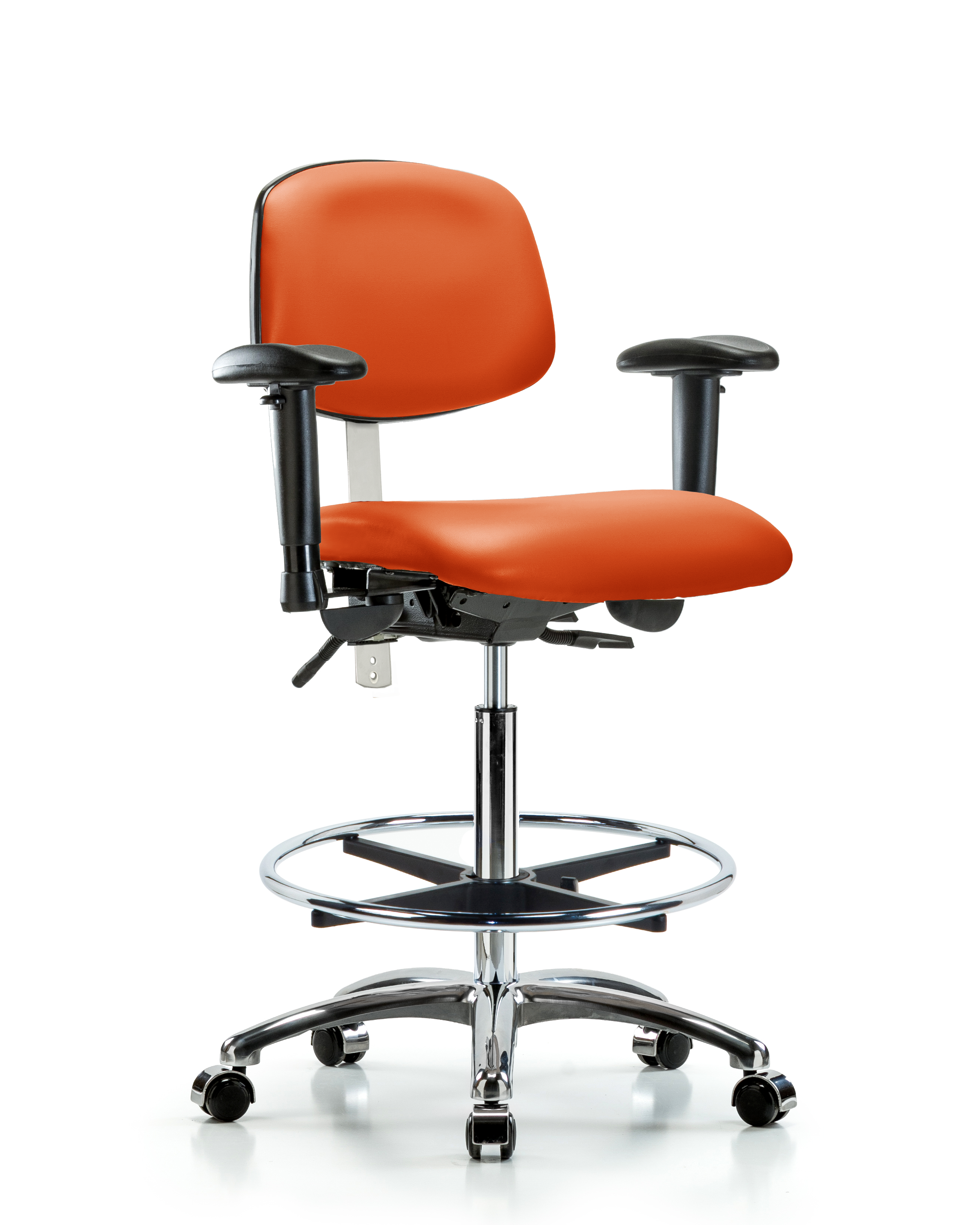 Class 100 Vinyl Clean Room Chair - High Bench Height with Seat Tilt, Adjustable Arms, Chrome Foot Ring, & Casters in Orange Kist Trailblazer Vinyl