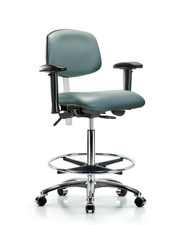 Class 100 Vinyl Clean Room Chair - High Bench Height with Seat Tilt, Adjustable Arms, Chrome Foot Ring, & Casters in Storm Supernova Vinyl