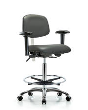 Class 100 Vinyl Clean Room Chair - High Bench Height with Seat Tilt, Adjustable Arms, Chrome Foot Ring, & Casters in Carbon Supernova Vinyl