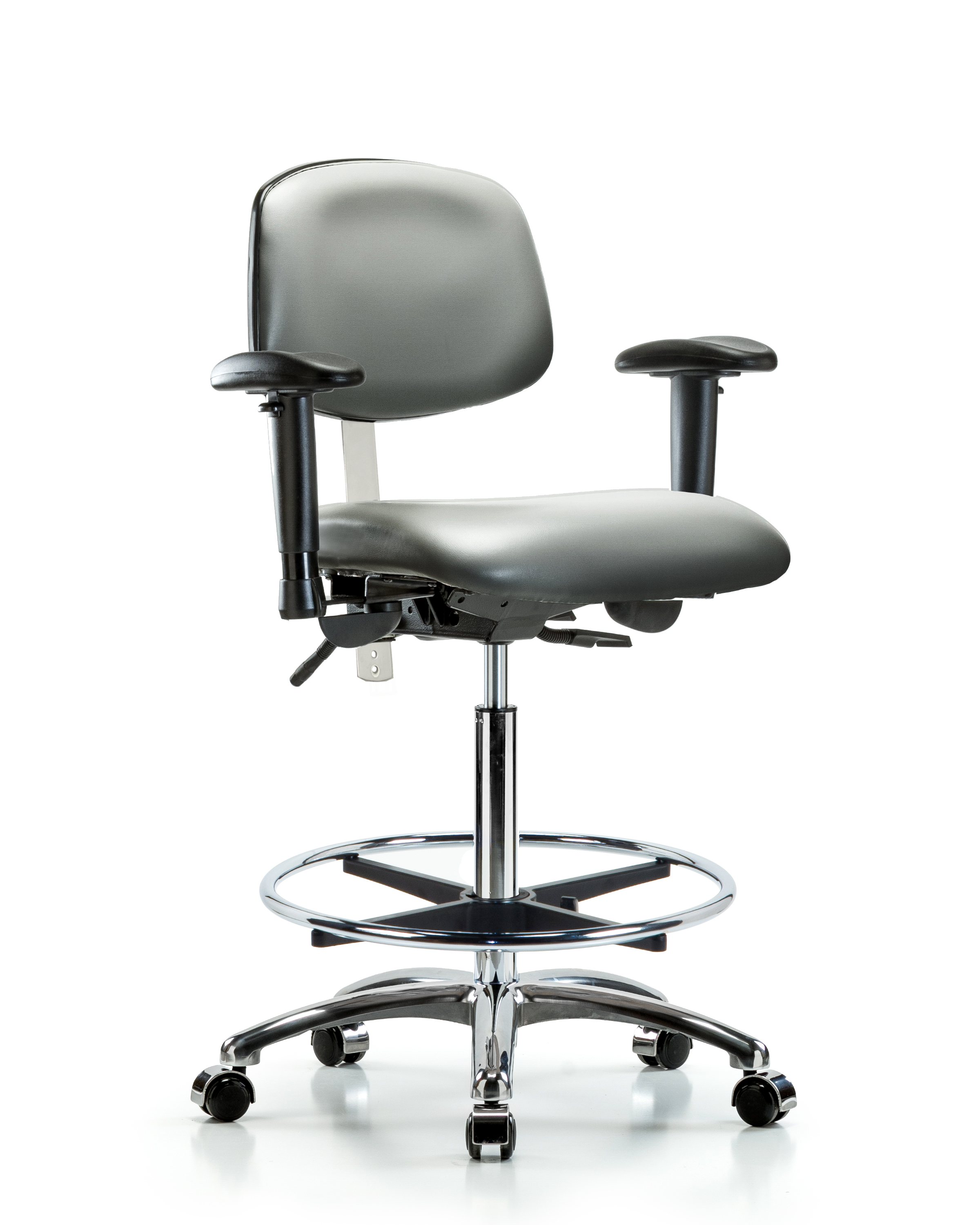 Class 100 Vinyl Clean Room Chair - High Bench Height with Seat Tilt, Adjustable Arms, Chrome Foot Ring, & Casters in Sterling Supernova Vinyl