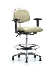 Class 100 Vinyl Clean Room Chair - High Bench Height with Seat Tilt, Adjustable Arms, Chrome Foot Ring, & Stationary Glides in Adobe White Trailblazer Vinyl