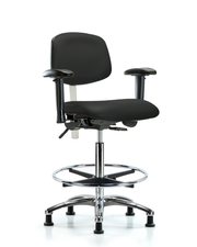 Class 100 Vinyl Clean Room Chair - High Bench Height with Seat Tilt, Adjustable Arms, Chrome Foot Ring, & Stationary Glides in Black Trailblazer Vinyl