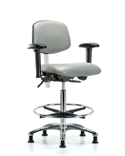 Class 100 Vinyl Clean Room Chair - High Bench Height with Seat Tilt, Adjustable Arms, Chrome Foot Ring, & Stationary Glides in Dove Trailblazer Vinyl