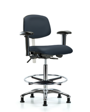 Class 100 Vinyl Clean Room Chair - High Bench Height with Seat Tilt, Adjustable Arms, Chrome Foot Ring, & Stationary Glides in Imperial Blue Trailblazer Vinyl