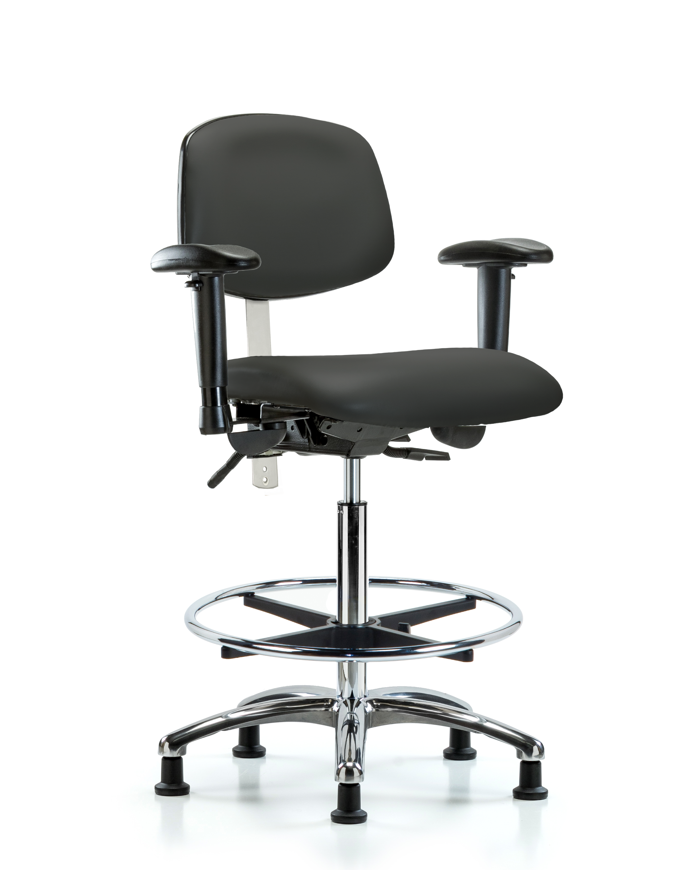 Class 100 Vinyl Clean Room Chair - High Bench Height with Seat Tilt, Adjustable Arms, Chrome Foot Ring, & Stationary Glides in Charcoal Trailblazer Vinyl