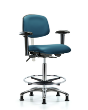 Class 100 Vinyl Clean Room Chair - High Bench Height with Seat Tilt, Adjustable Arms, Chrome Foot Ring, & Stationary Glides in Marine Blue Supernova Vinyl