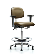 Class 100 Vinyl Clean Room Chair - High Bench Height with Seat Tilt, Adjustable Arms, Chrome Foot Ring, & Stationary Glides in Taupe Supernova Vinyl