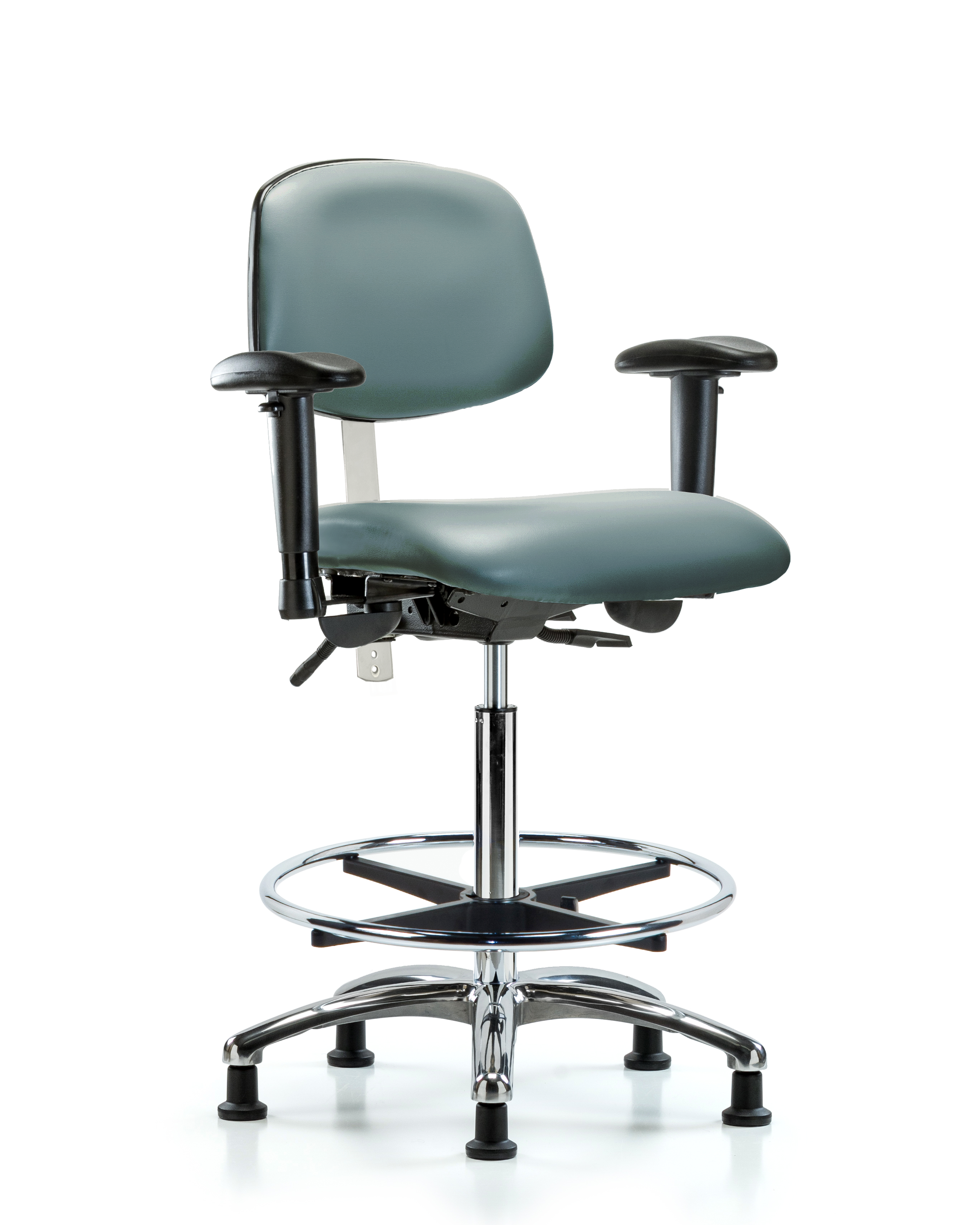 Class 100 Vinyl Clean Room Chair - High Bench Height with Seat Tilt, Adjustable Arms, Chrome Foot Ring, & Stationary Glides in Storm Supernova Vinyl