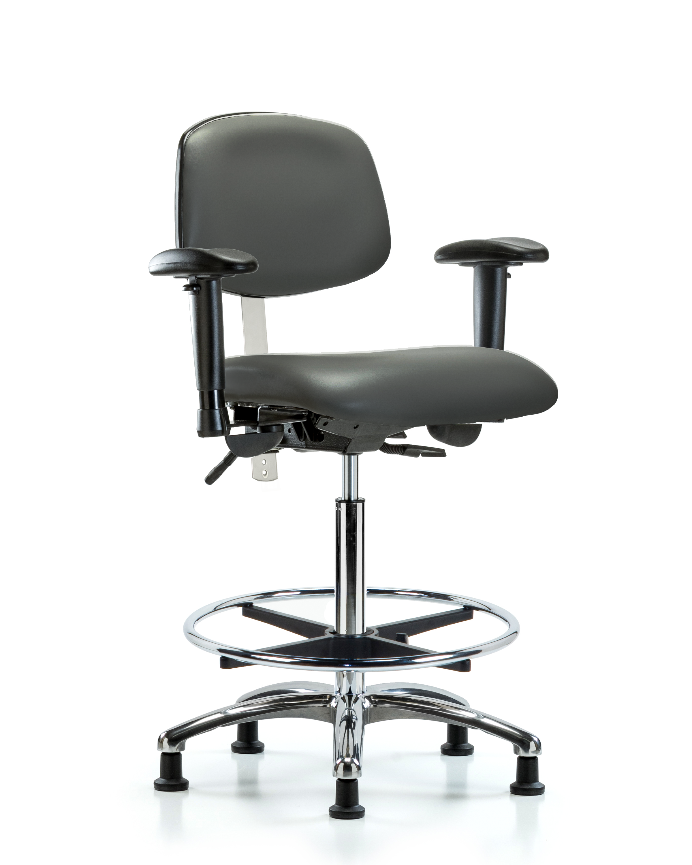 Class 100 Vinyl Clean Room Chair - High Bench Height with Seat Tilt, Adjustable Arms, Chrome Foot Ring, & Stationary Glides in Carbon Supernova Vinyl