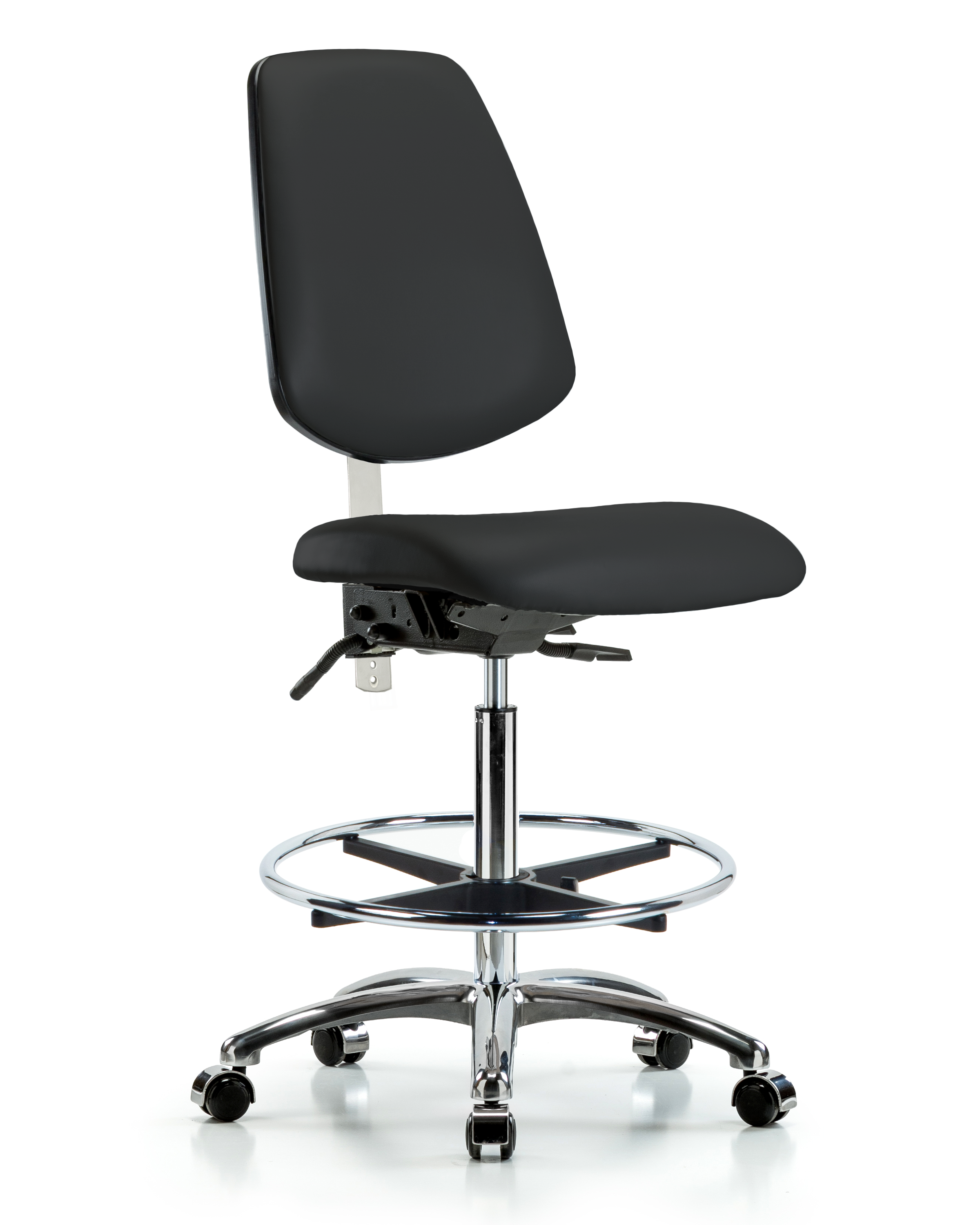 Class 100 Vinyl Clean Room Chair - High Bench Height with Medium Back, Chrome Foot Ring, & Casters in Black Trailblazer Vinyl