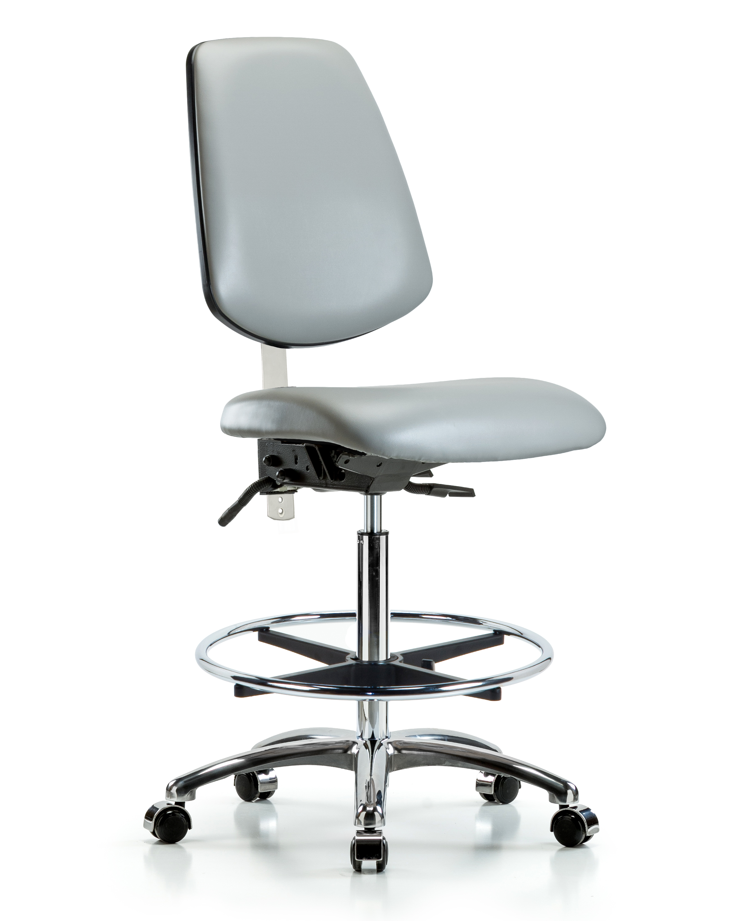 Class 100 Vinyl Clean Room Chair - High Bench Height with Medium Back, Chrome Foot Ring, & Casters in Dove Trailblazer Vinyl