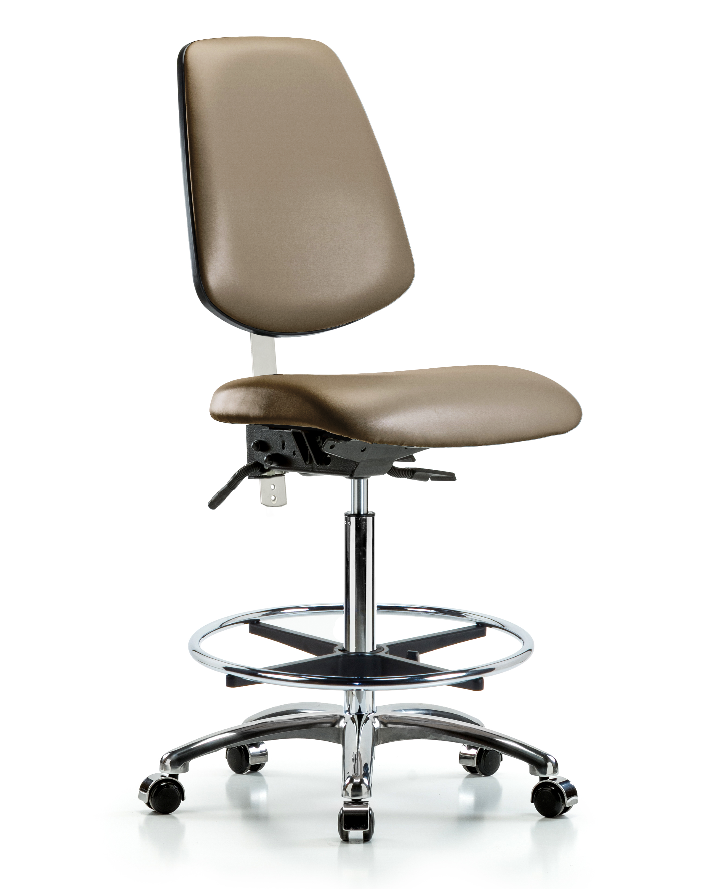 Class 100 Vinyl Clean Room Chair - High Bench Height with Medium Back, Chrome Foot Ring, & Casters in Marine Blue Supernova Vinyl