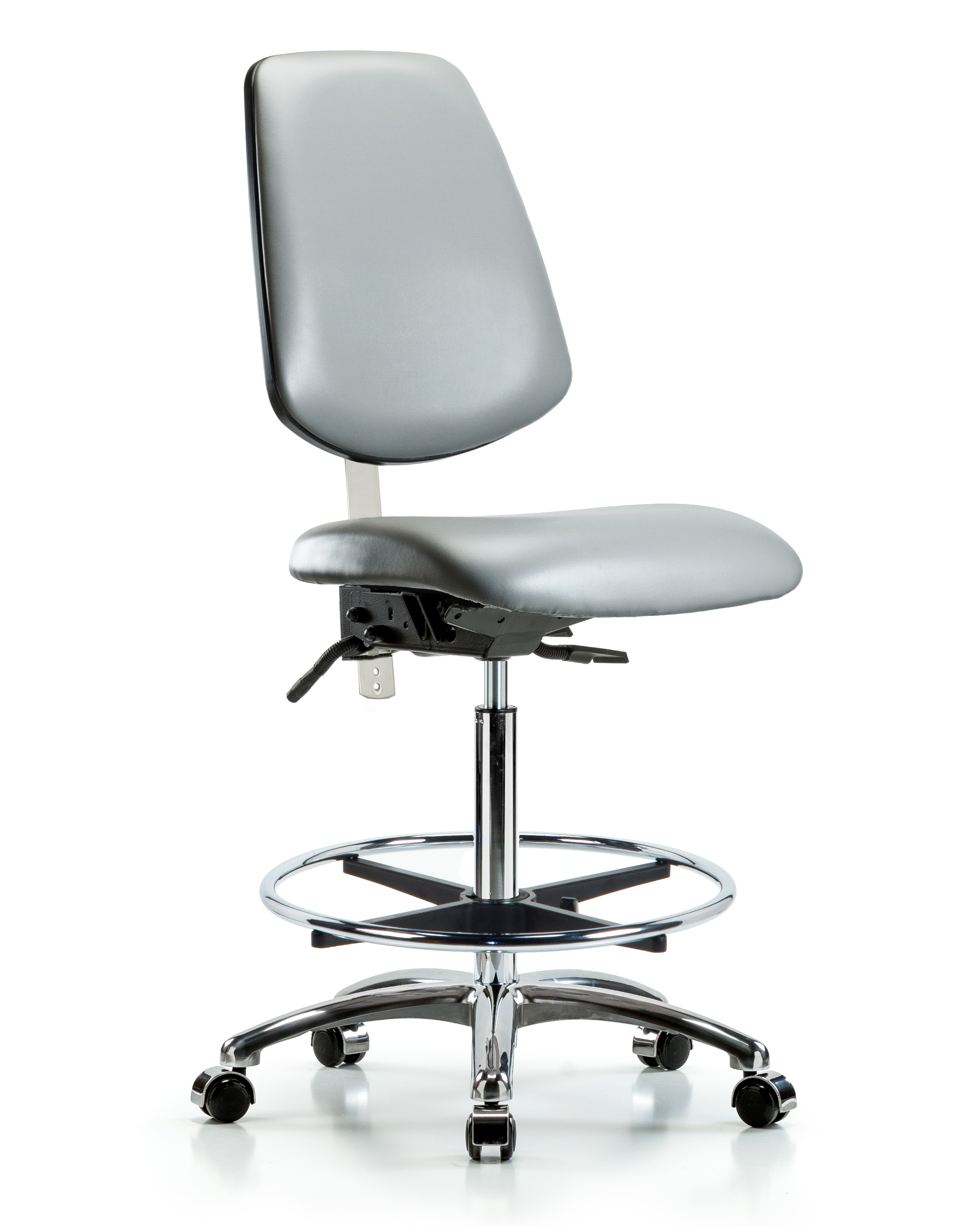 Class 100 Vinyl Clean Room Chair - High Bench Height with Medium Back, Chrome Foot Ring, & Casters in Sterling Supernova Vinyl