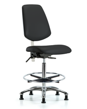 Class 100 Vinyl Clean Room Chair - High Bench Height with Medium Back, Chrome Foot Ring, & Stationary Glides in Black Trailblazer Vinyl