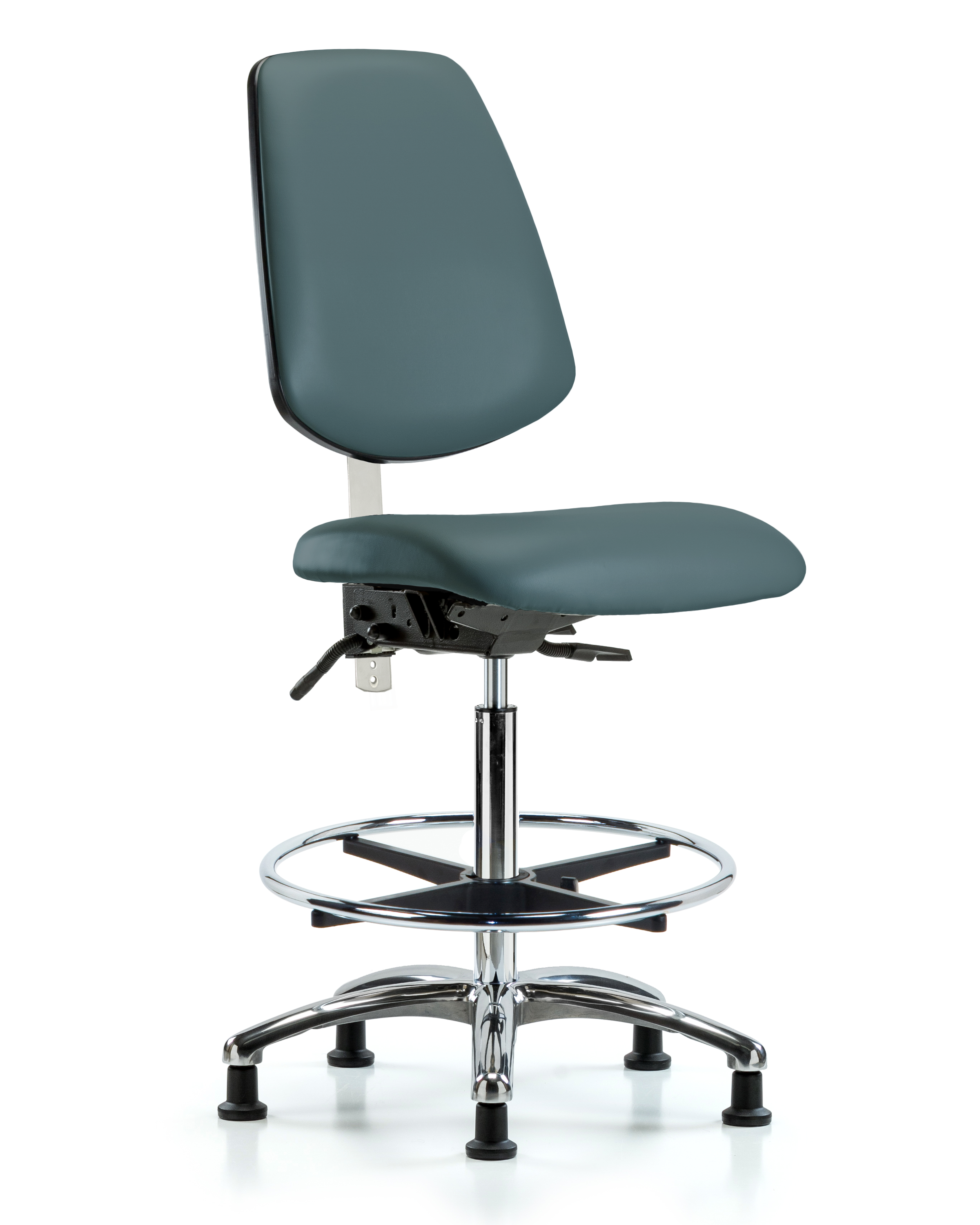Class 100 Vinyl Clean Room Chair - High Bench Height with Medium Back, Chrome Foot Ring, & Stationary Glides in Black Trailblazer Vinyl