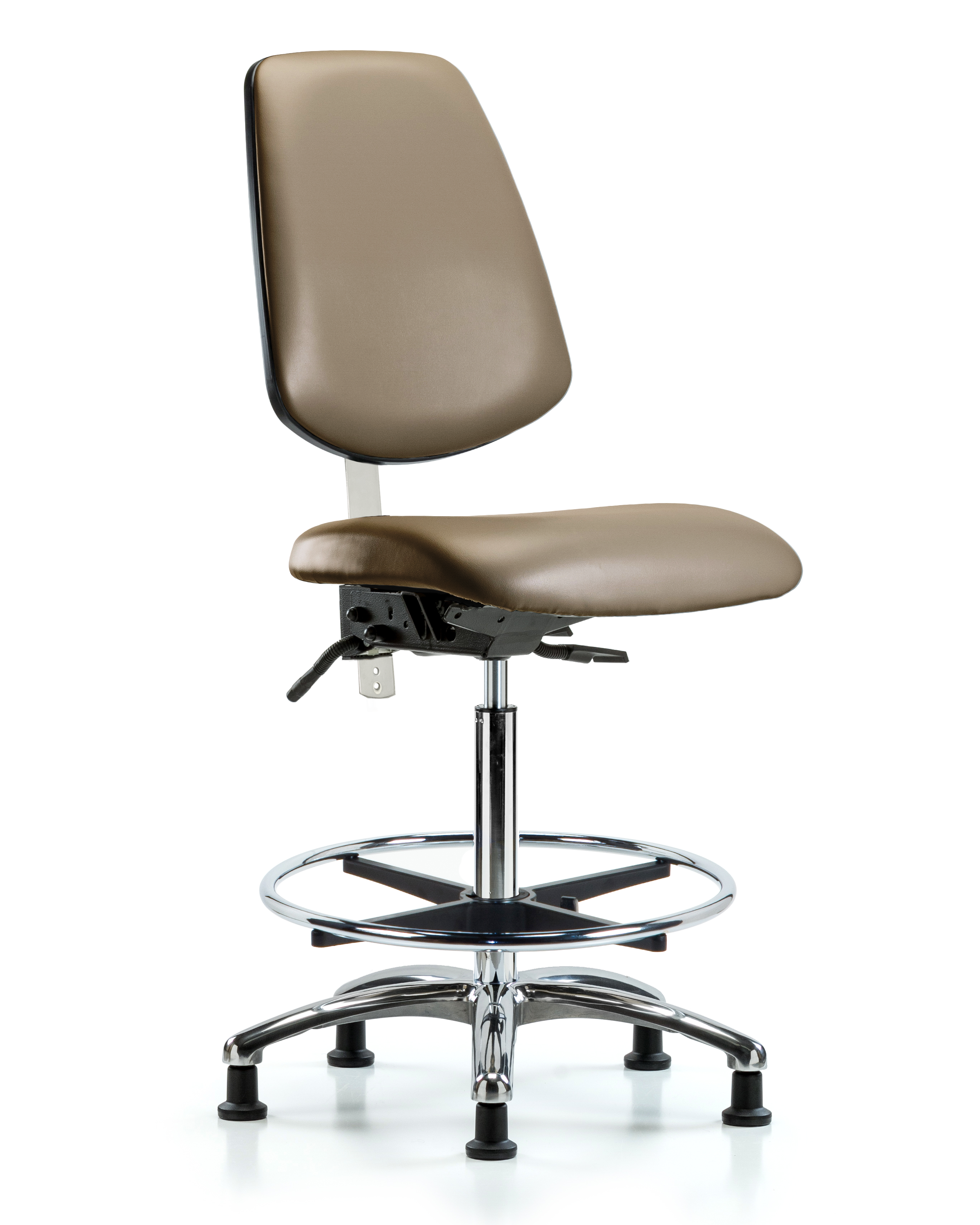 Class 100 Vinyl Clean Room Chair - High Bench Height with Medium Back, Chrome Foot Ring, & Stationary Glides in Marine Blue Supernova Vinyl
