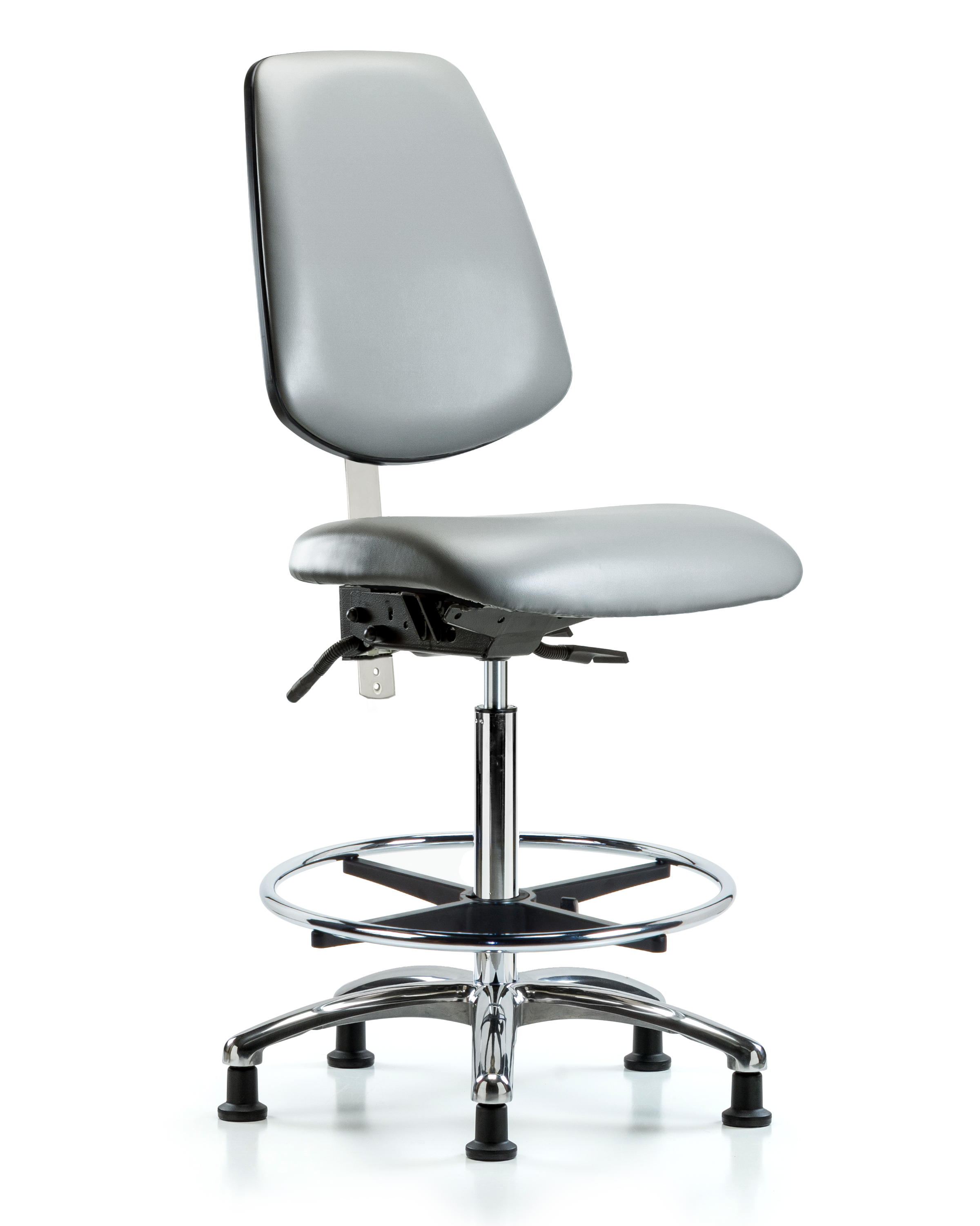 Class 100 Vinyl Clean Room Chair - High Bench Height with Medium Back, Chrome Foot Ring, & Stationary Glides in Sterling Supernova Vinyl