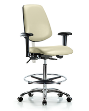 Class 100 Vinyl Clean Room Chair - High Bench Height with Medium Back, Adjustable Arms, Chrome Foot Ring, & Casters in Adobe White Trailblazer Vinyl
