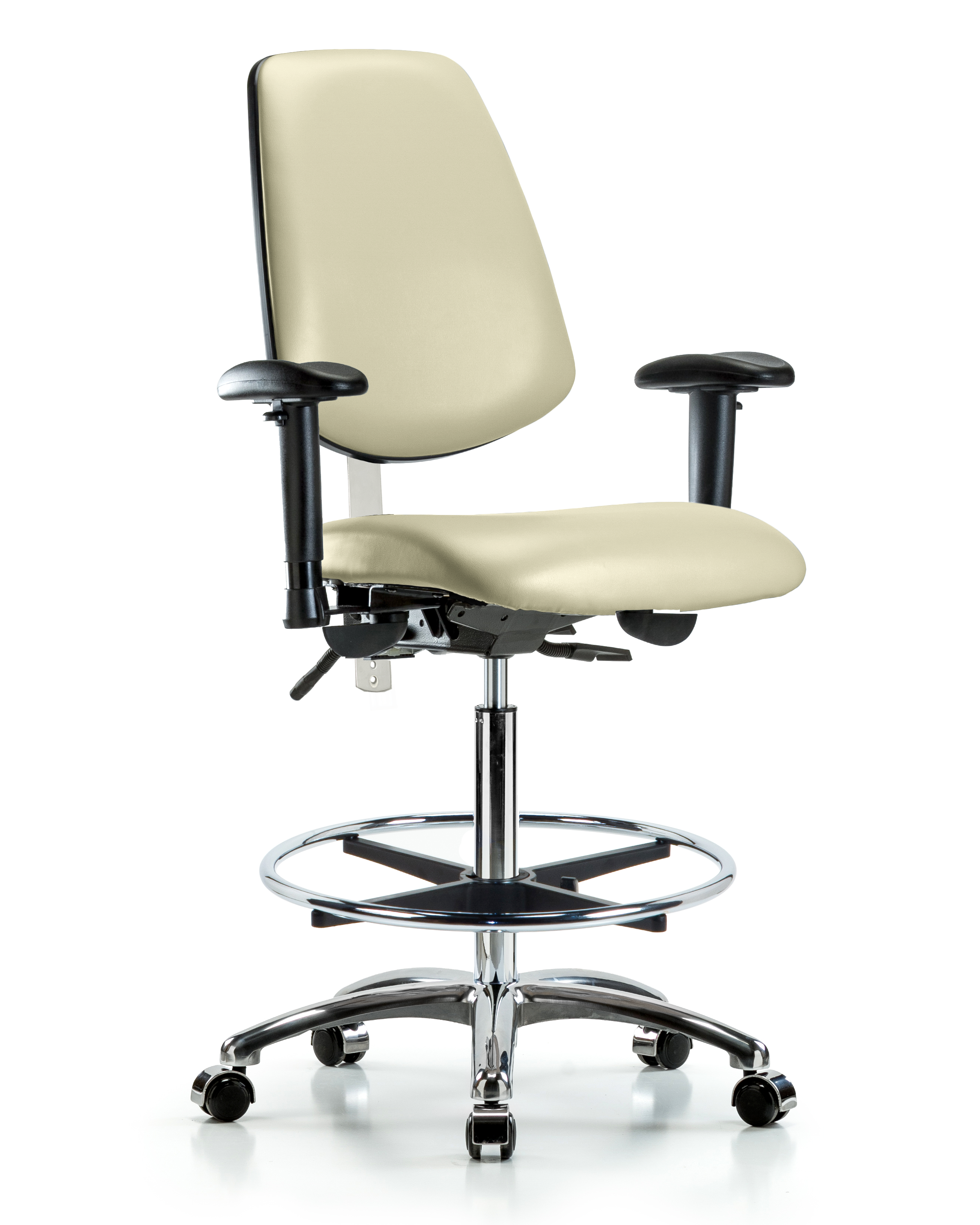Class 100 Vinyl Clean Room Chair - High Bench Height with Medium Back, Adjustable Arms, Chrome Foot Ring, & Casters in Adobe White Trailblazer Vinyl