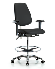 Class 100 Vinyl Clean Room Chair - High Bench Height with Medium Back, Adjustable Arms, Chrome Foot Ring, & Casters in Black Trailblazer Vinyl