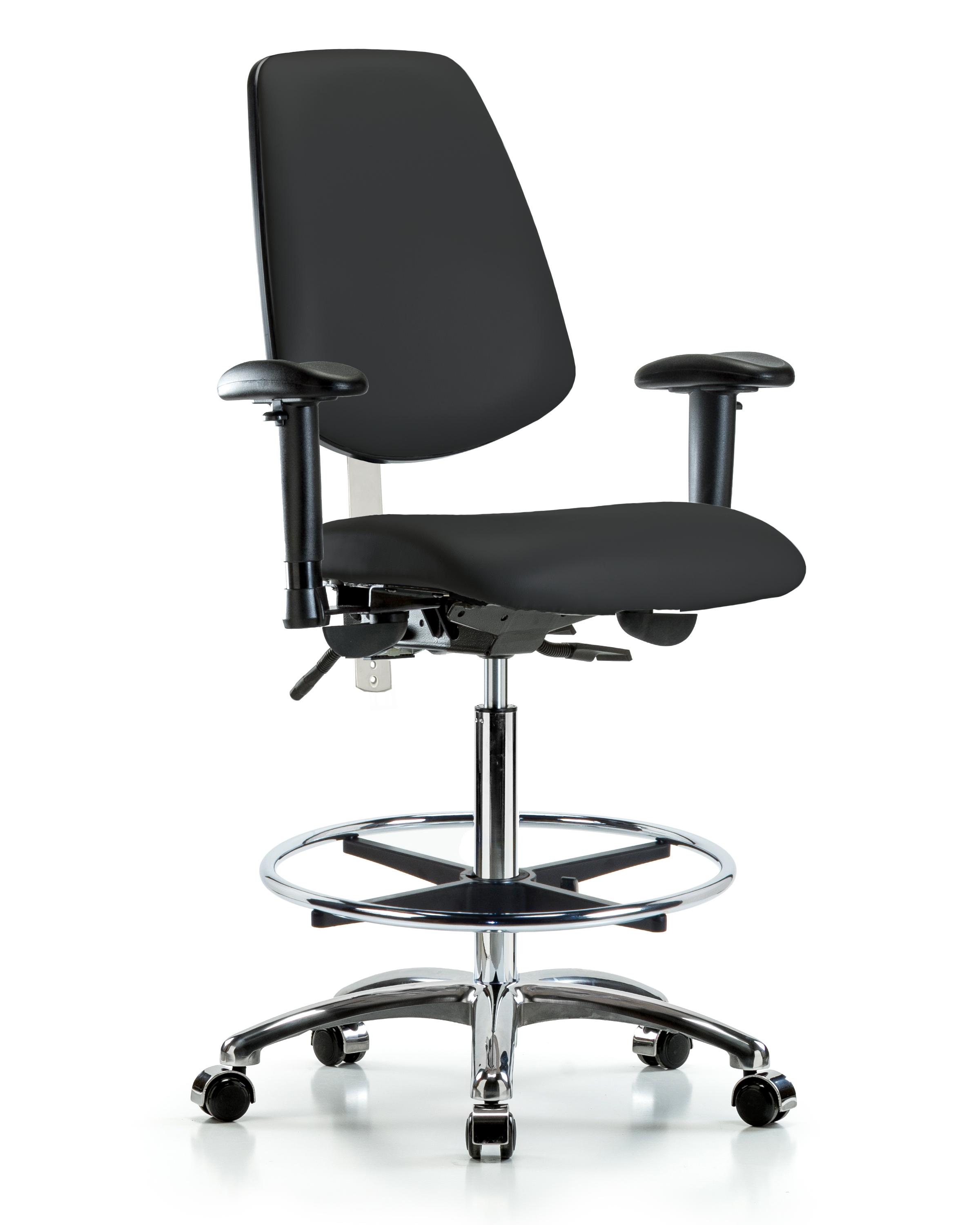 Class 100 Vinyl Clean Room Chair - High Bench Height with Medium Back, Adjustable Arms, Chrome Foot Ring, & Casters in Black Trailblazer Vinyl