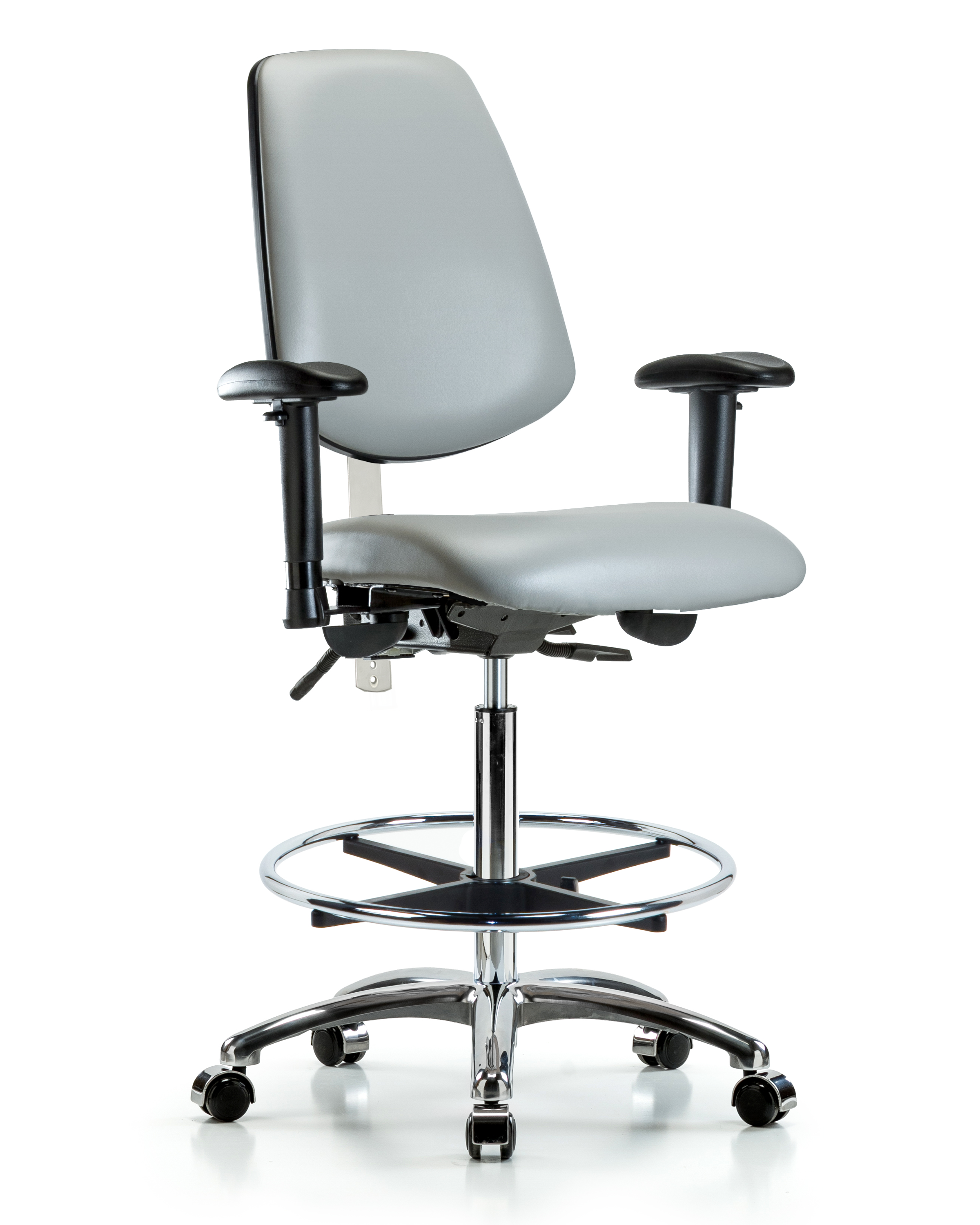 Class 100 Vinyl Clean Room Chair - High Bench Height with Medium Back, Adjustable Arms, Chrome Foot Ring, & Casters in Dove Trailblazer Vinyl