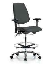 Class 100 Vinyl Clean Room Chair - High Bench Height with Medium Back, Adjustable Arms, Chrome Foot Ring, & Casters in Charcoal Trailblazer Vinyl