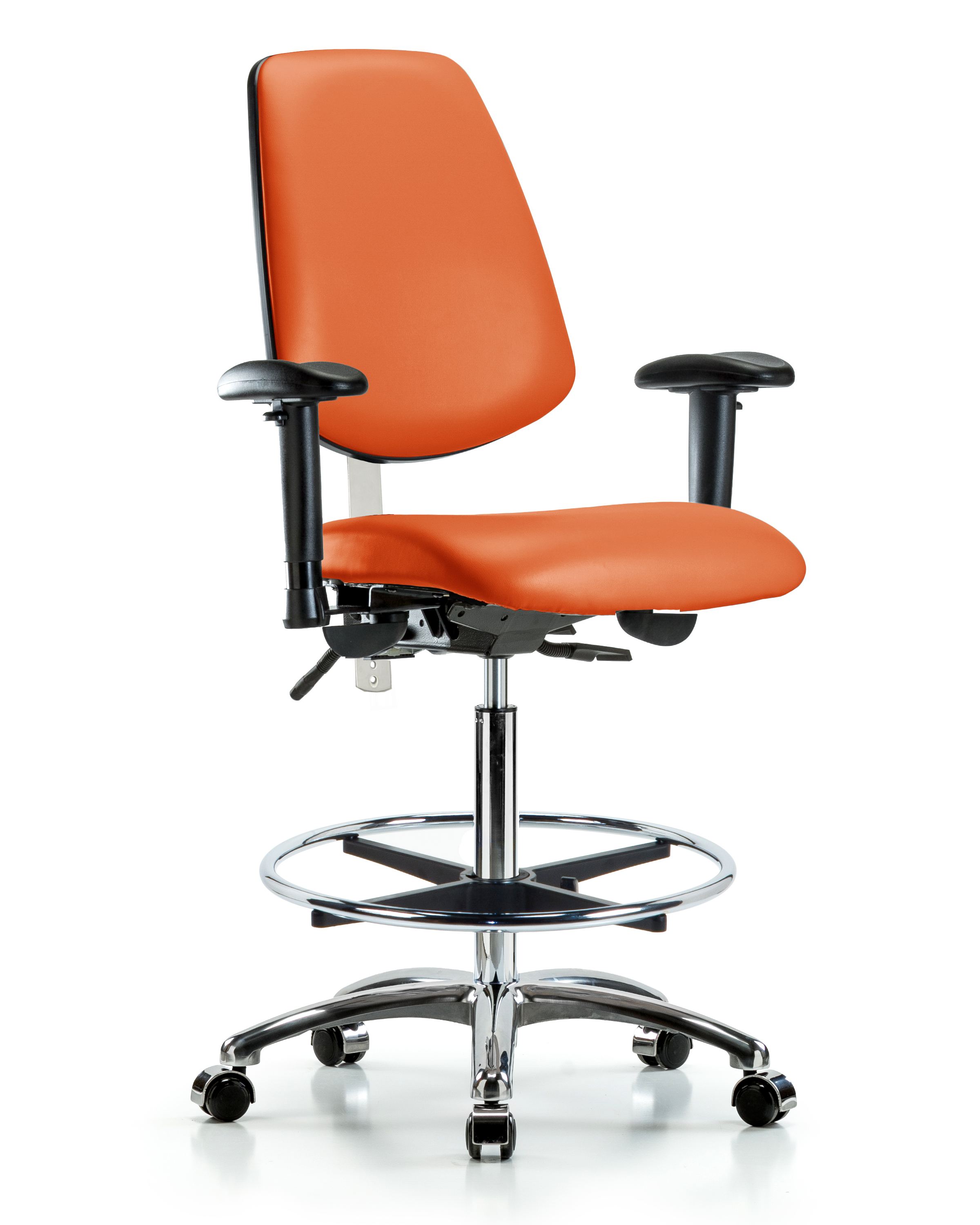 Class 100 Vinyl Clean Room Chair - High Bench Height with Medium Back, Adjustable Arms, Chrome Foot Ring, & Casters in Orange Kist Trailblazer Vinyl