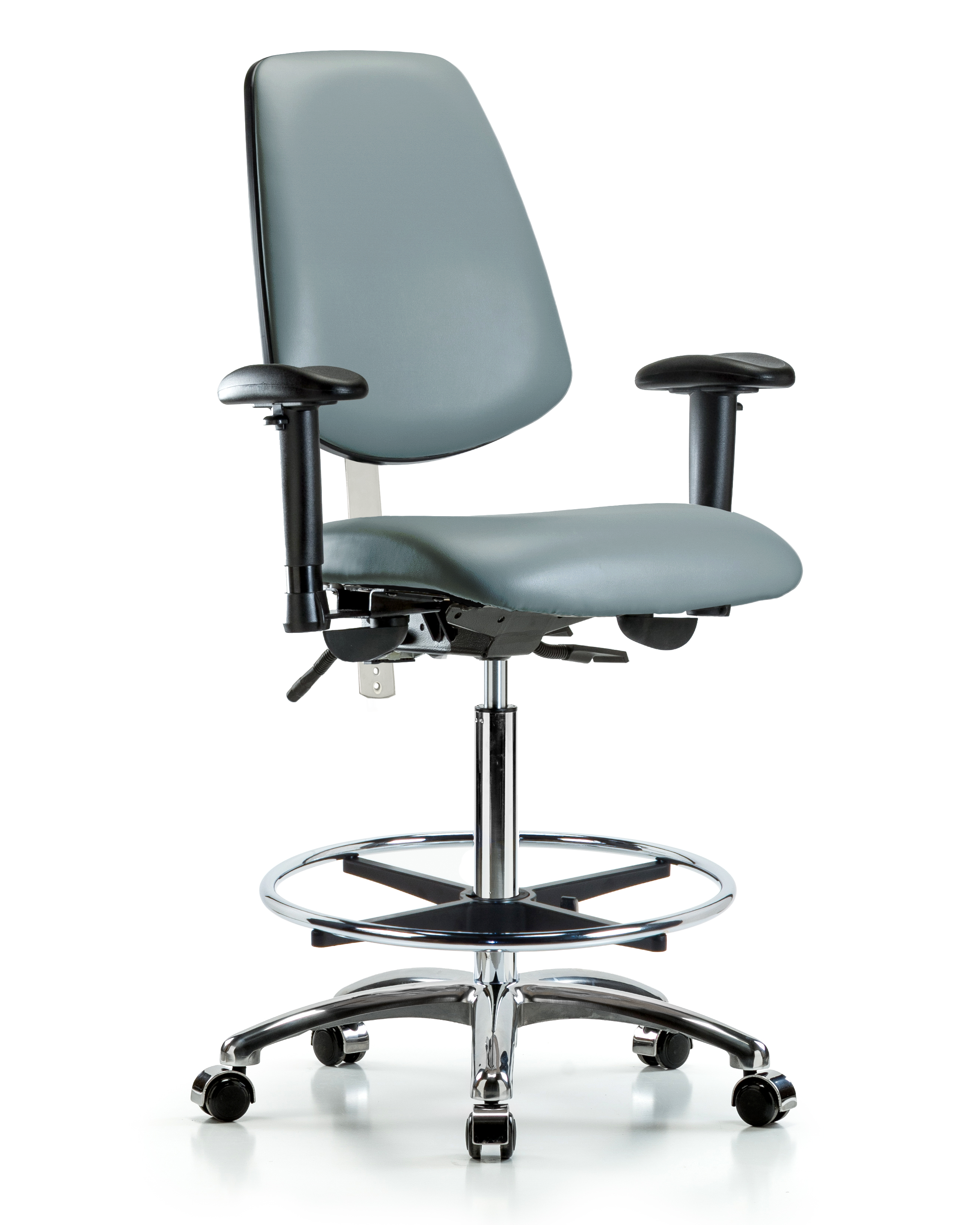 Class 100 Vinyl Clean Room Chair - High Bench Height with Medium Back, Adjustable Arms, Chrome Foot Ring, & Casters in Storm Supernova Vinyl