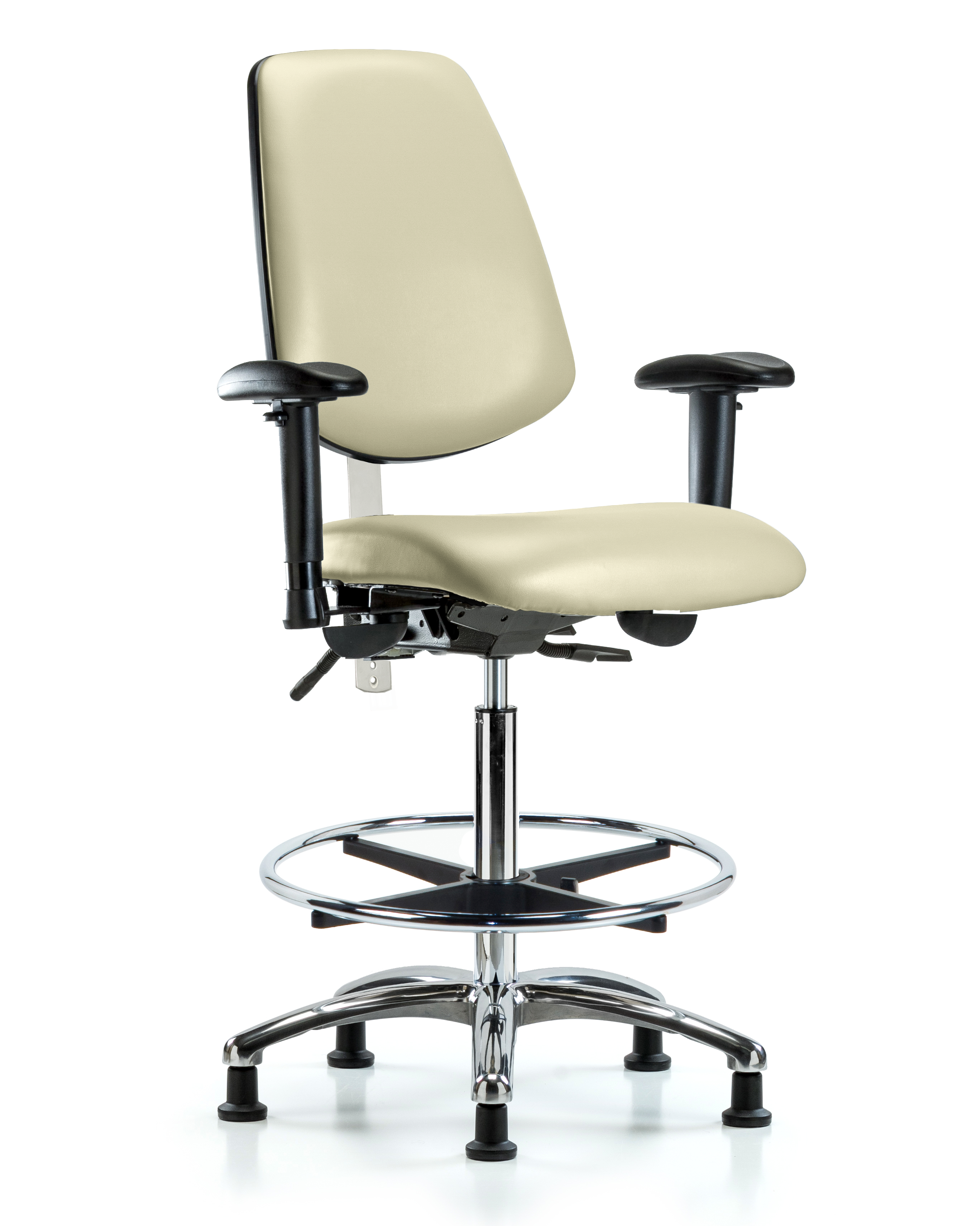Class 100 Vinyl Clean Room Chair - High Bench Height with Medium Back, Adjustable Arms, Chrome Foot Ring, & Stationary Glides in Adobe White Trailblazer Vinyl