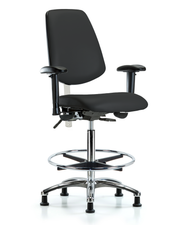 Class 100 Vinyl Clean Room Chair - High Bench Height with Medium Back, Adjustable Arms, Chrome Foot Ring, & Stationary Glides in Black Trailblazer Vinyl