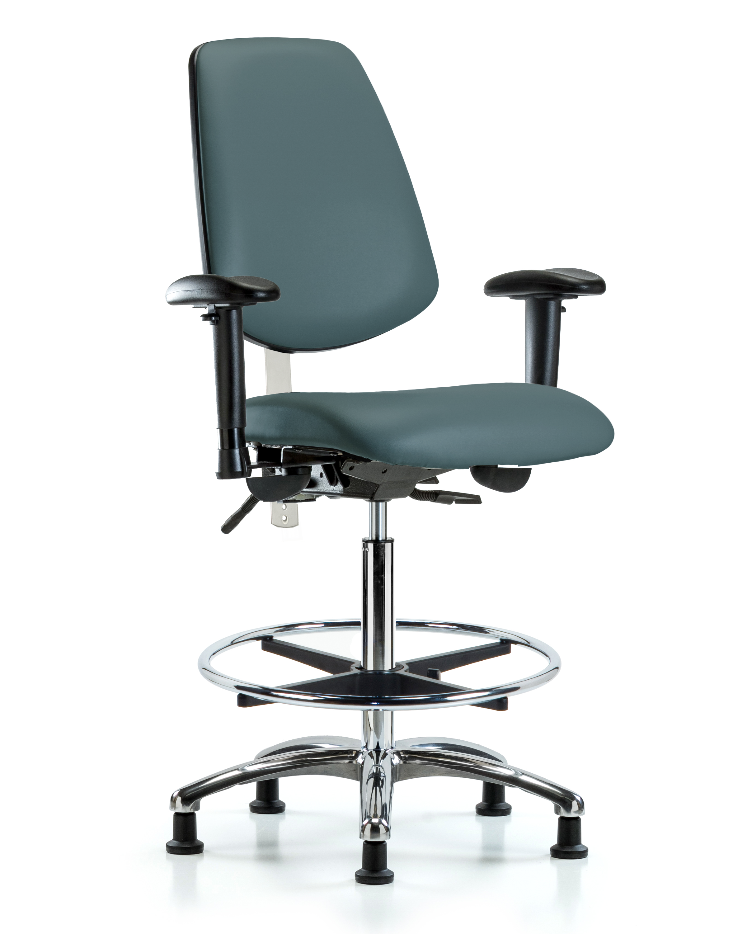 Class 100 Vinyl Clean Room Chair - High Bench Height with Medium Back, Adjustable Arms, Chrome Foot Ring, & Stationary Glides in Black Trailblazer Vinyl