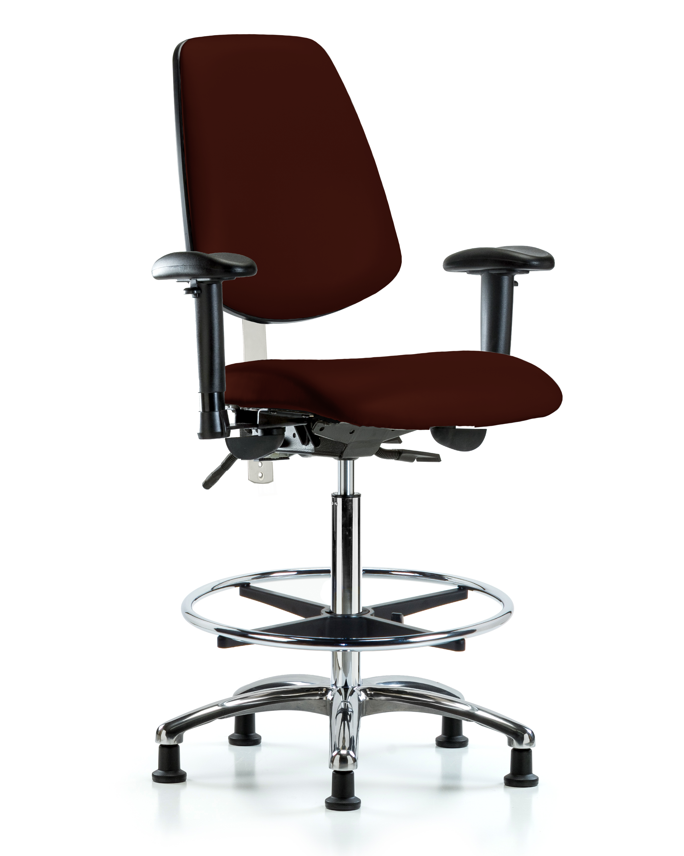 Class 100 Vinyl Clean Room Chair - High Bench Height with Medium Back, Adjustable Arms, Chrome Foot Ring, & Stationary Glides in Dove Trailblazer Vinyl