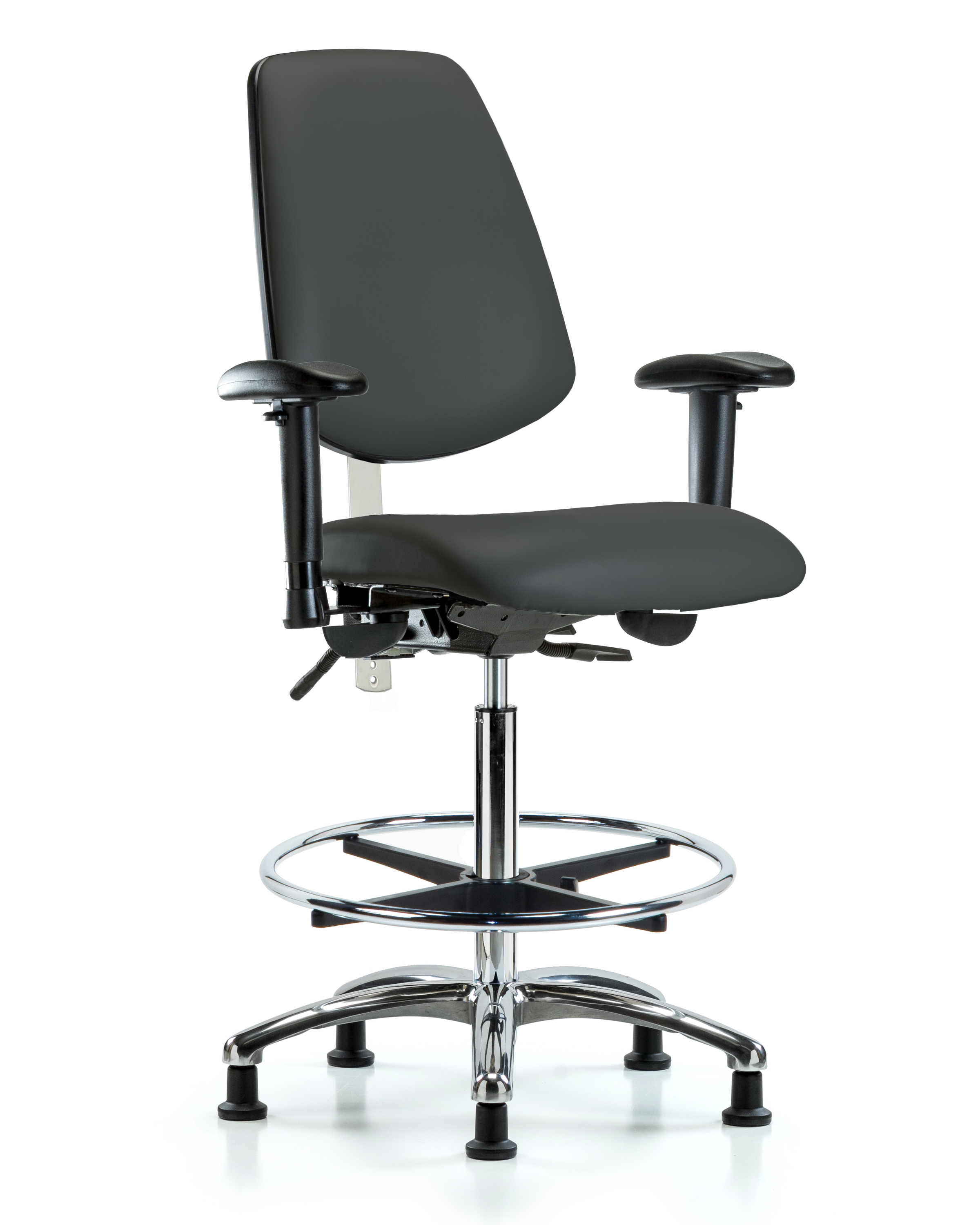 Class 100 Vinyl Clean Room Chair - High Bench Height with Medium Back, Adjustable Arms, Chrome Foot Ring, & Stationary Glides in Charcoal Trailblazer Vinyl