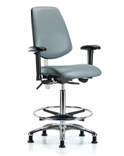 Class 100 Vinyl Clean Room Chair - High Bench Height with Medium Back, Adjustable Arms, Chrome Foot Ring, & Stationary Glides in Storm Supernova Vinyl