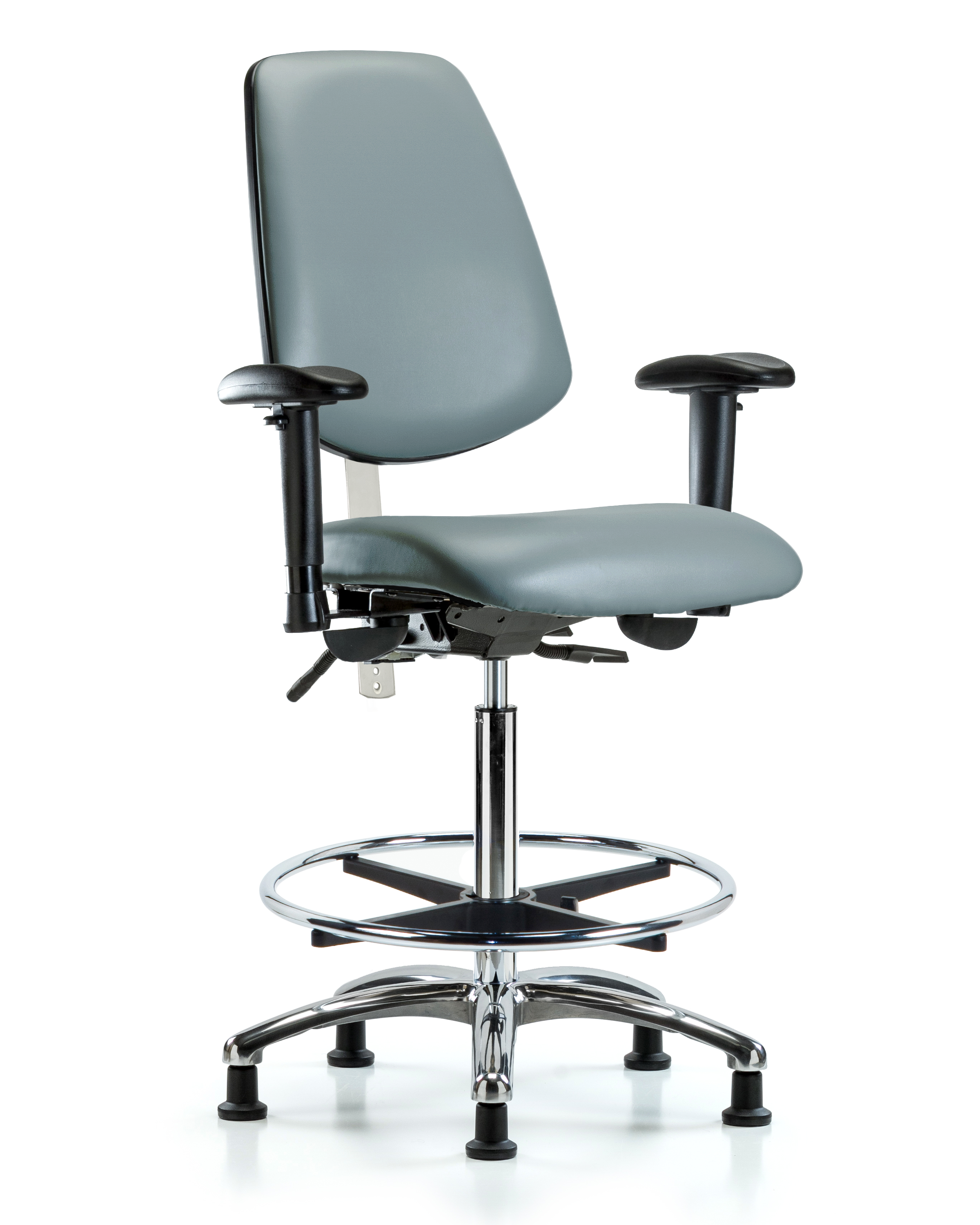 Class 100 Vinyl Clean Room Chair - High Bench Height with Medium Back, Adjustable Arms, Chrome Foot Ring, & Stationary Glides in Storm Supernova Vinyl
