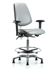 Class 100 Vinyl Clean Room Chair - High Bench Height with Medium Back, Adjustable Arms, Chrome Foot Ring, & Stationary Glides in Sterling Supernova Vinyl