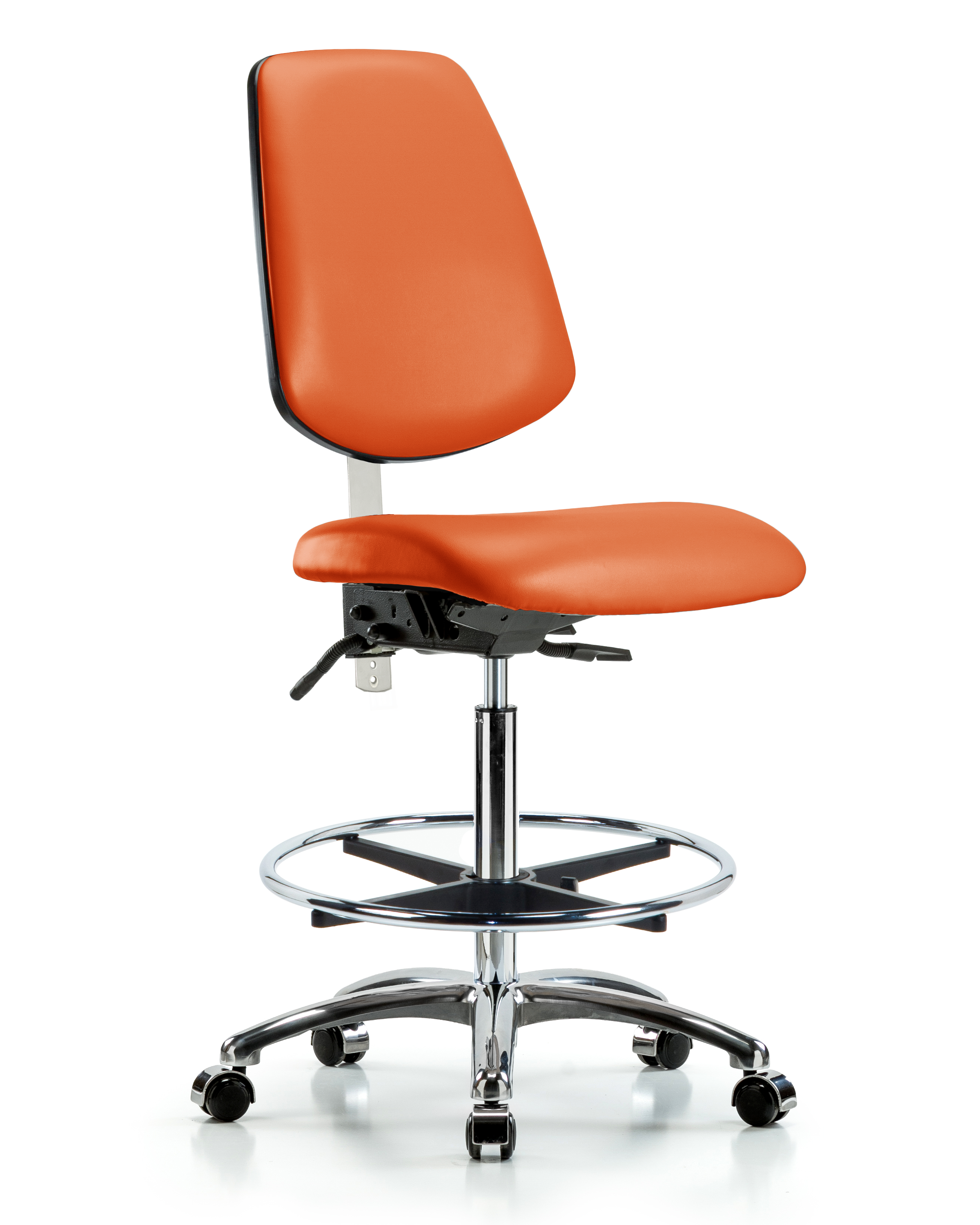 Class 100 Vinyl Clean Room Chair - High Bench Height with Medium Back, Seat Tilt, Chrome Foot Ring, & Casters in Orange Kist Trailblazer Vinyl